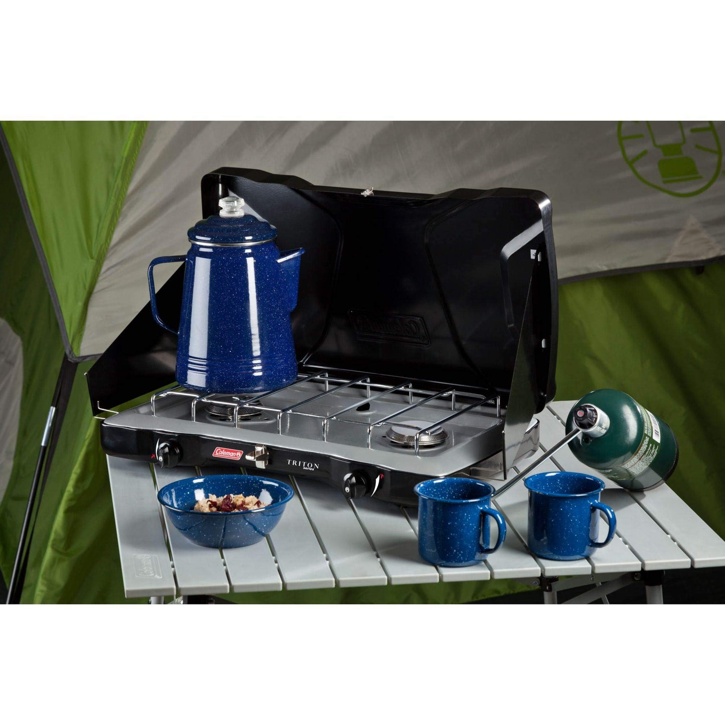 Coleman Triton 2-Burner Propane Camping Stove, Portable Camping Grill/Stove with Adjustable Burners, Wind Guards, Heavy-Duty Latch & Handle, 22,000 Total BTUs of Power for Camping, Tailgating, BBQ
