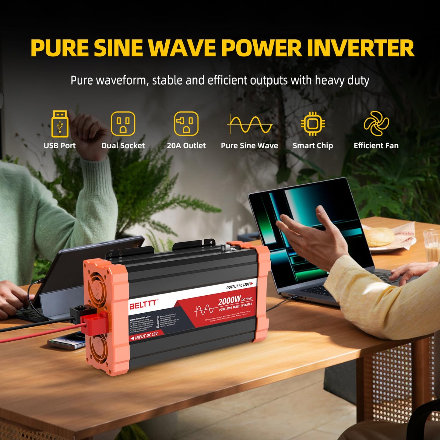 BELTTT 1000Watt Pure Sine Wave Inverter 12V DC to 120V AC for RV, Truck, Off-Grid Solar Car Power Inverter 12V to 110V Converter with Dual AC Socket and 5V 2.1A USB, Intelligent LCD, 2000W Peak