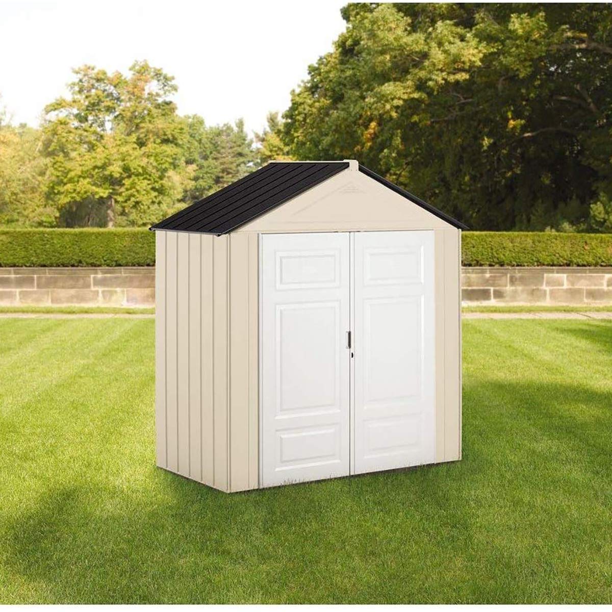 Rubbermaid Resin Outdoor Storage Shed With Floor (7 x 3.5 Ft), Weather Resistant, Beige/White, Organization for Home/Backyard/Garden Tools/Lawn Mower/Bike Storage/Pool Supplies