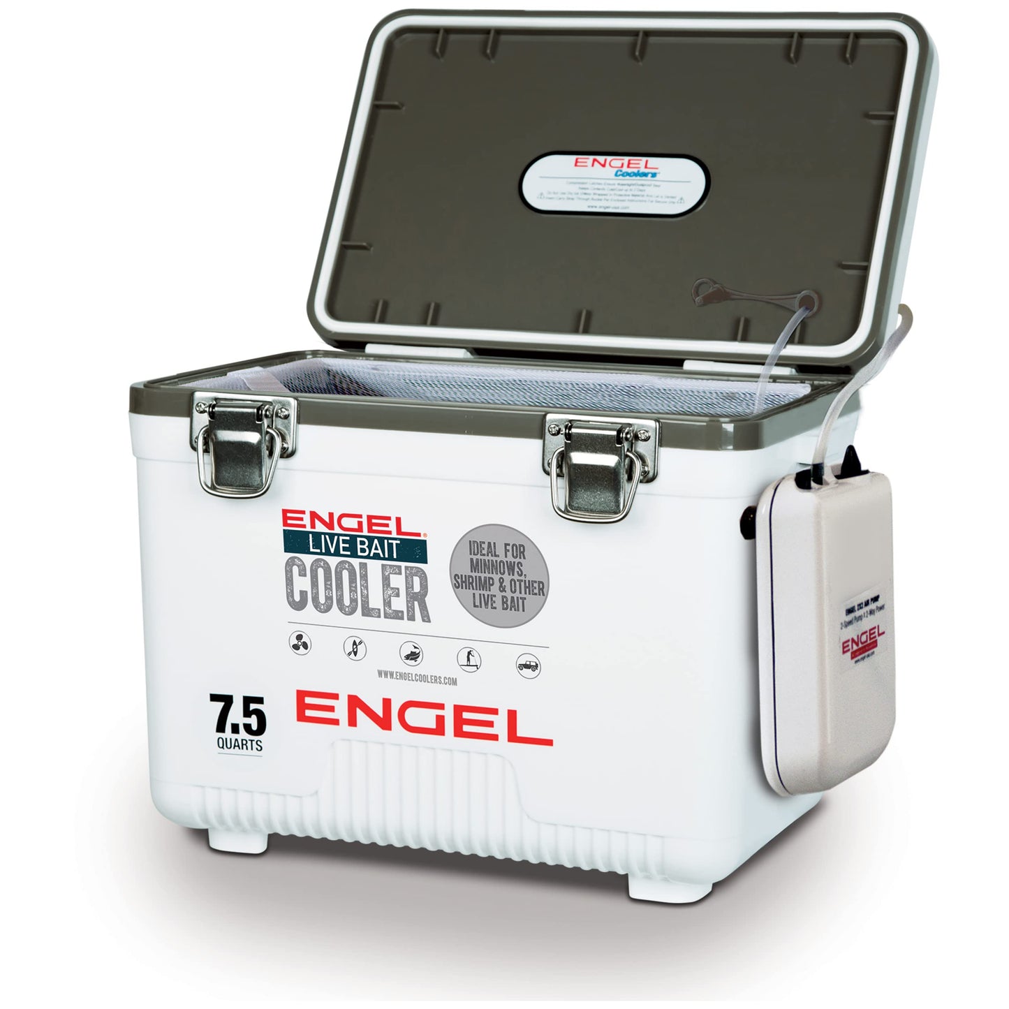 Engel Live Bait Cooler Box with 2nd Gen 2-Speed Aerator Pump - Portable Fishing Station & Minnow Bucket for Shrimp & Other Live Fish with Aerator - ENGLBC-N