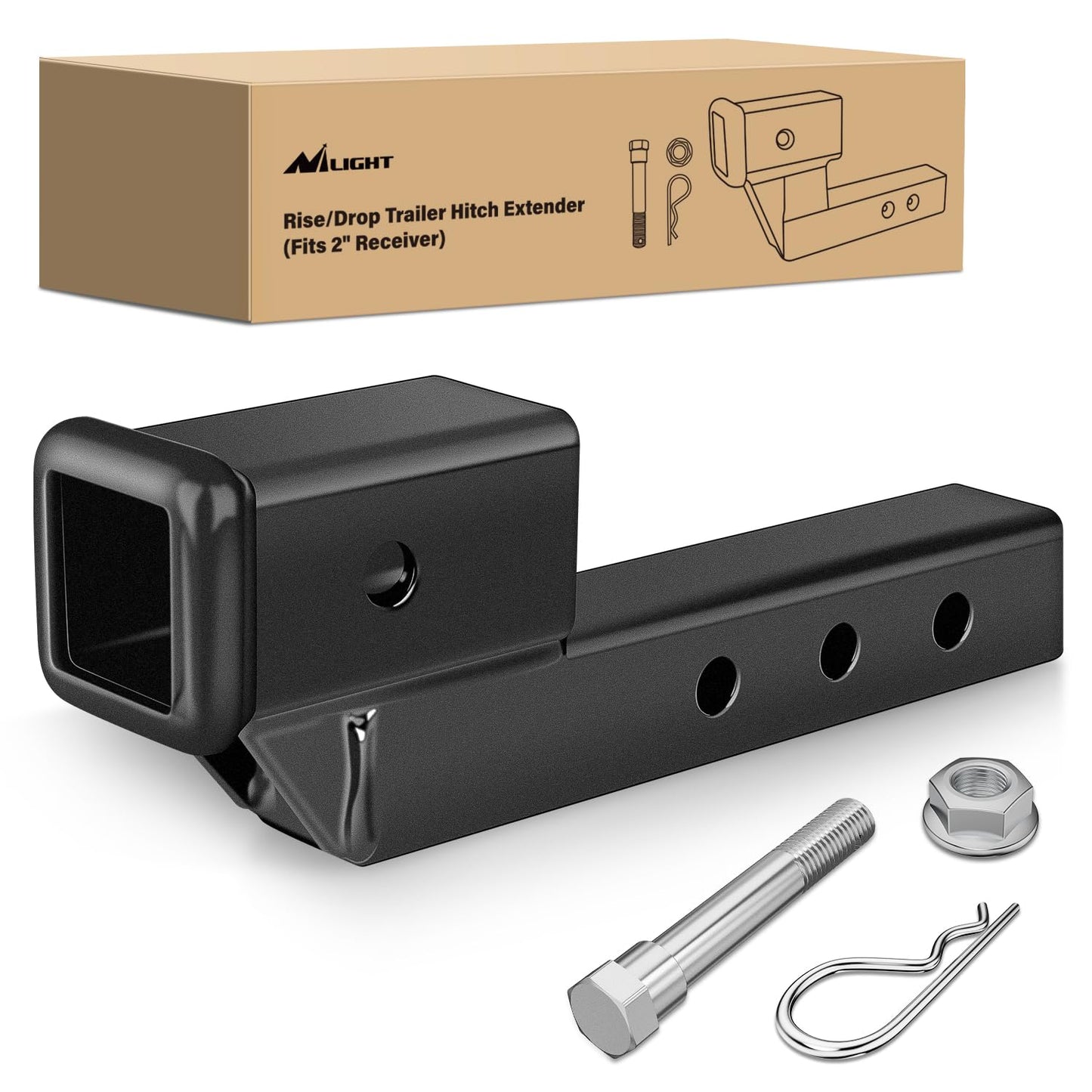Nilight Trailer Hitch Receiver Extender Adapter Reducer 1-1/4 to 2Inch Hitch Adapter 6-1/2 inch Extension Sleeve Convertor 350Lbs with 1/2-Inch Diameter Pin and Clip with 5/8-Inch Adapter