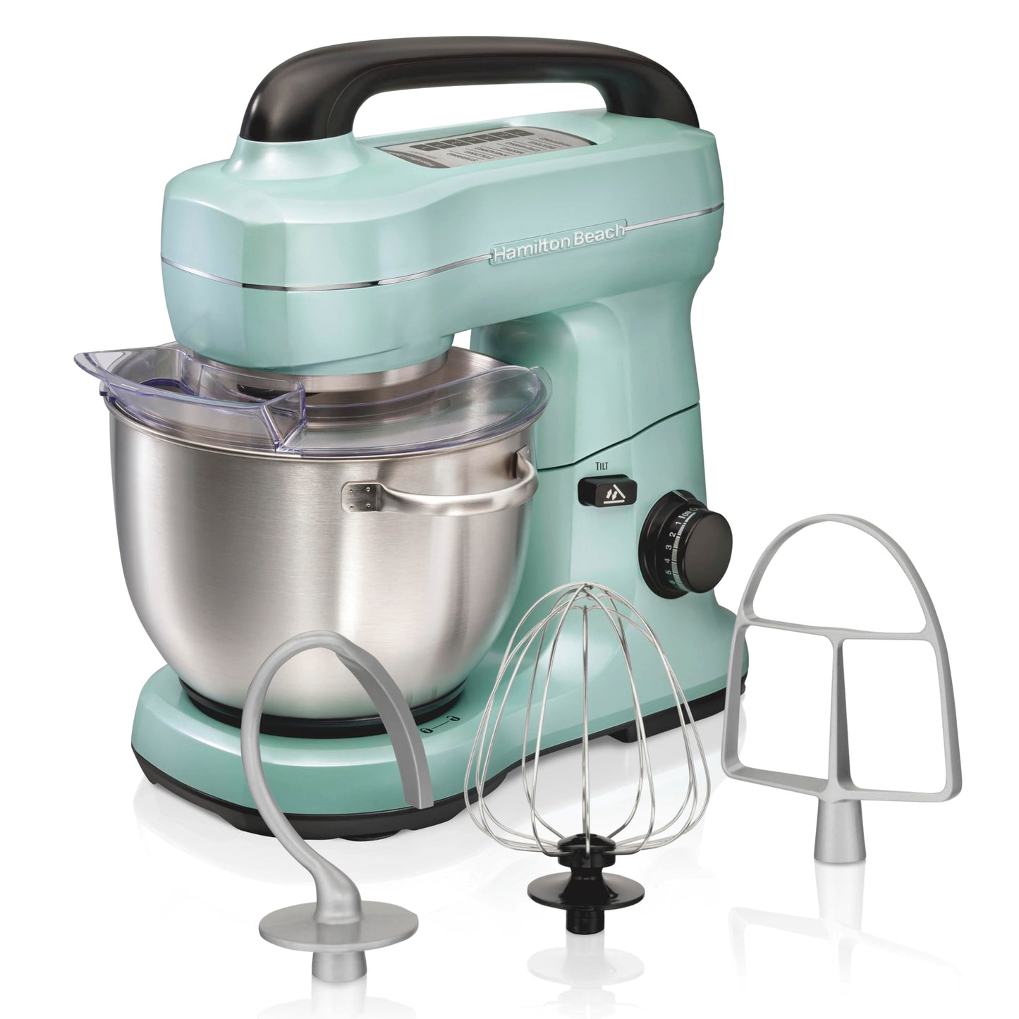 Hamilton Beach Electric Stand Mixer, 4 Quarts, Dough Hook, Flat Beater Attachments, Splash Guard, 7 Speeds with Whisk, Easy-Carry Top Handle, Blue