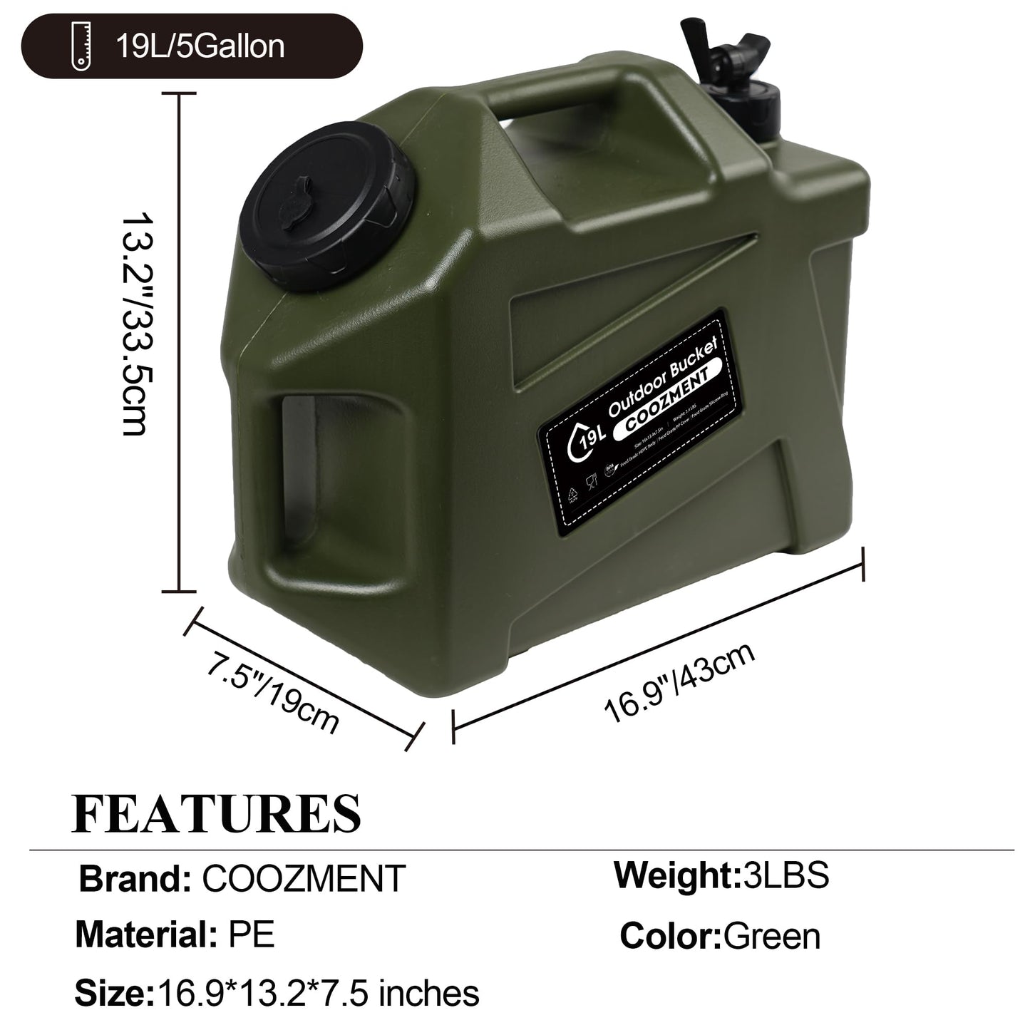 3.2 Gallon/5 Gallon Water Containers with Spigot, BPA Free Water Jug, Military Green Water Tank, Multifunction Water Storage Containers for Camping Outdoor Hiking,Emergency Stroage
