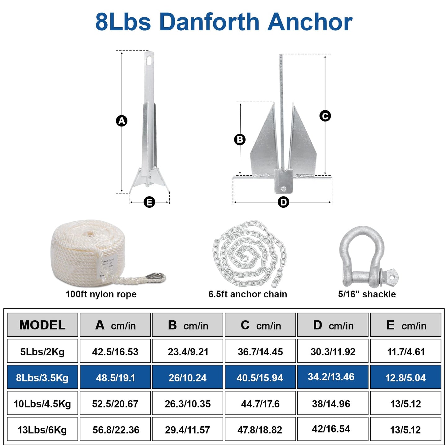 Leero Heavy Duty Boat Anchor Kit with Anchor Chain, Shackle and Anchor Rope, 5/8/10 lb Portable Danforth Anchor, Boat Anchor for Pontoons, Fishing Boats, Bass Boats, Sport Boats, Sport Yachts