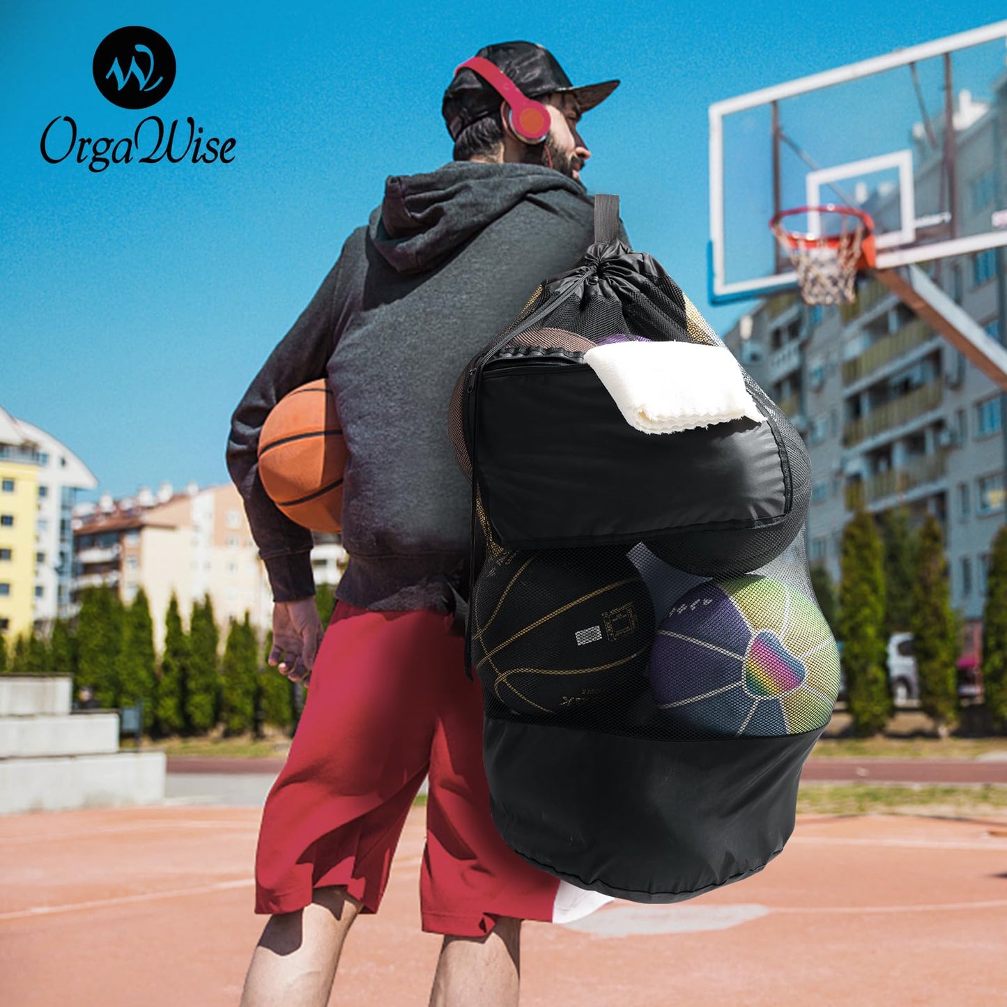 OrgaWise Soccer/Basketball Ball Bag with Handle and Strap,Soccer Ball Bags Mesh for Coaches,Sports Mesh Ball Bag,Basketball Bag for Balls(Strap+pocket+handle, 27"x36"/70x90cm)