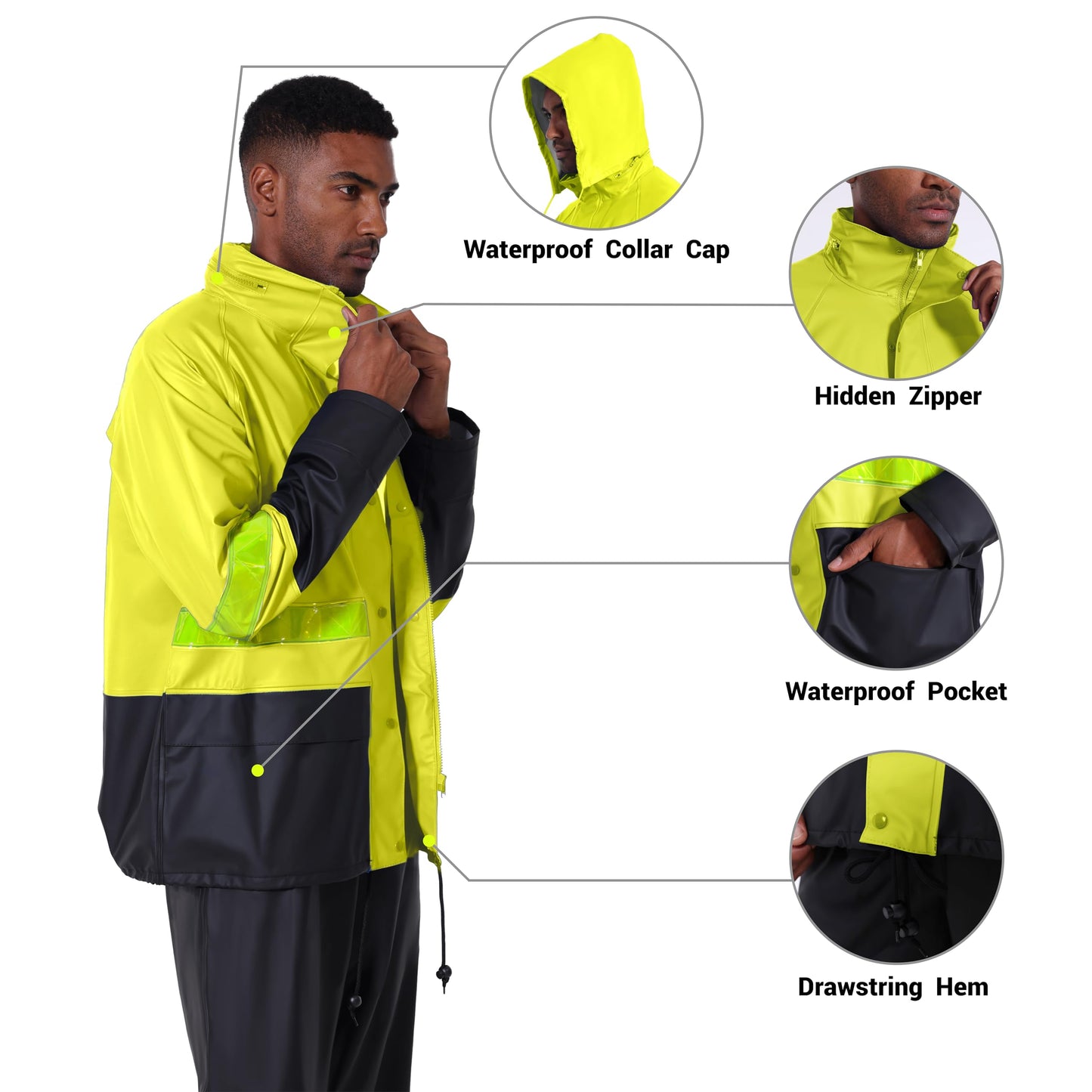 Men's Workwear PRO Rain Suit - Waterproof Jacket and Bib Pants 3-piece Set for Ultimate Safety and Comfort