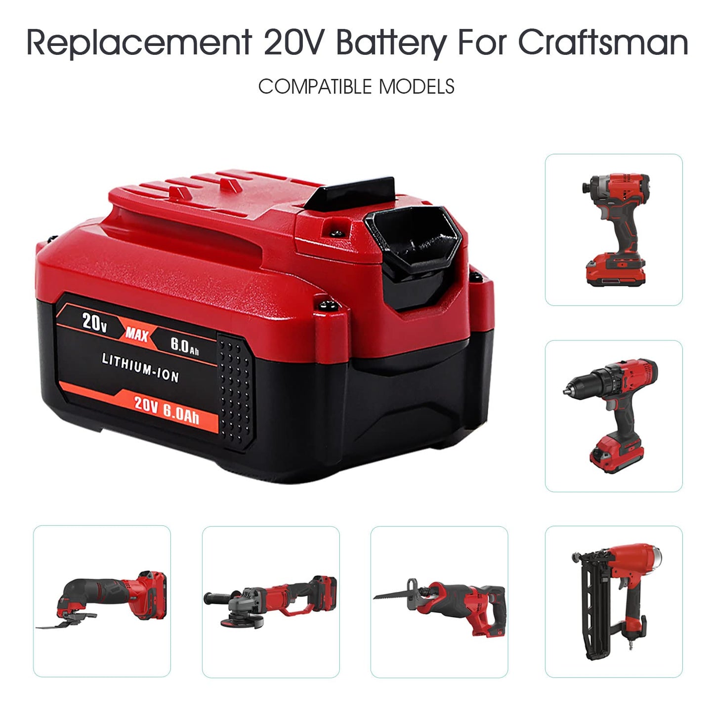 TenHutt 【Upgrade】 2Pack 20V 6.0Ah Replacement Battery for Craftsman 20V Battery V20 Lithium ion for CMCB205 CMCB204 CMCB206 CMCB202 CMCB201 20V Cordless Power Tools Craftsman 20V Battery