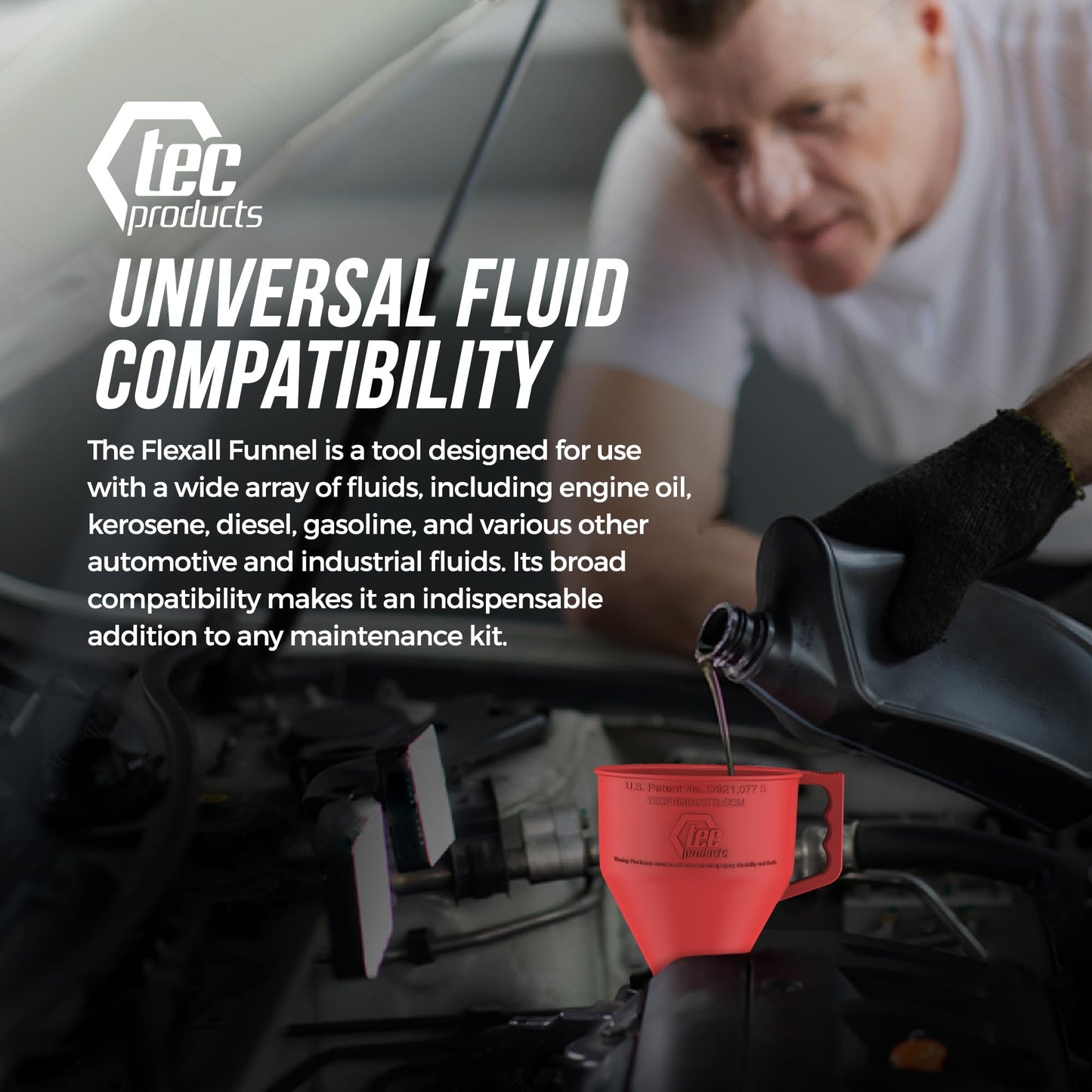 TEC Products FlexAll Funnel - Long Flexible Funnel for Automotive Use - Durable Nitrile Rubber - Ideal for Car Oil Change, Transmission Fluid, Diesel, Fuel, Gas - Made in USA - Red (16 x 5 Inches)
