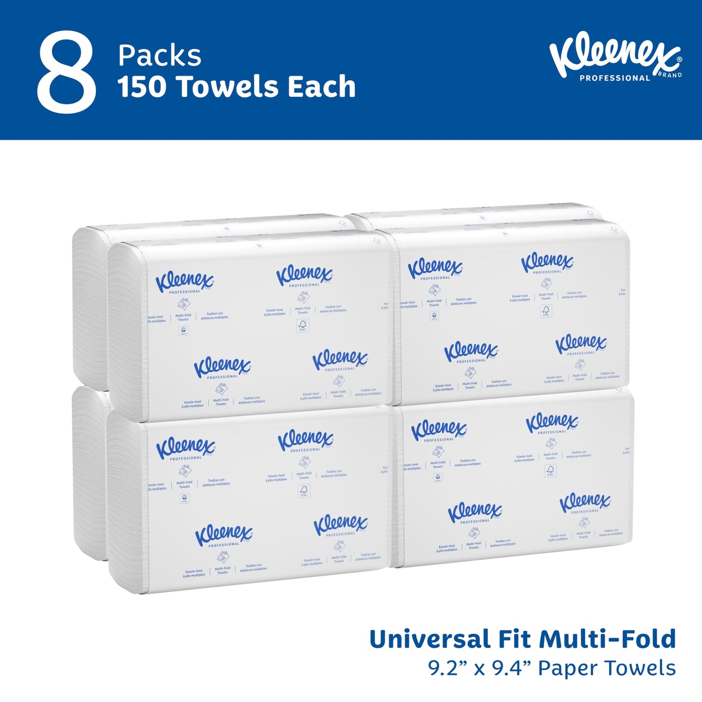 Kleenex Professional Universal Multifold Paper Towels, Bulk (01890), Absorbency Pockets, 9.2" x 9.4" Towel, White (150 Sheets/Pack, 16 Packs/Case, 2,400 Sheet Total)