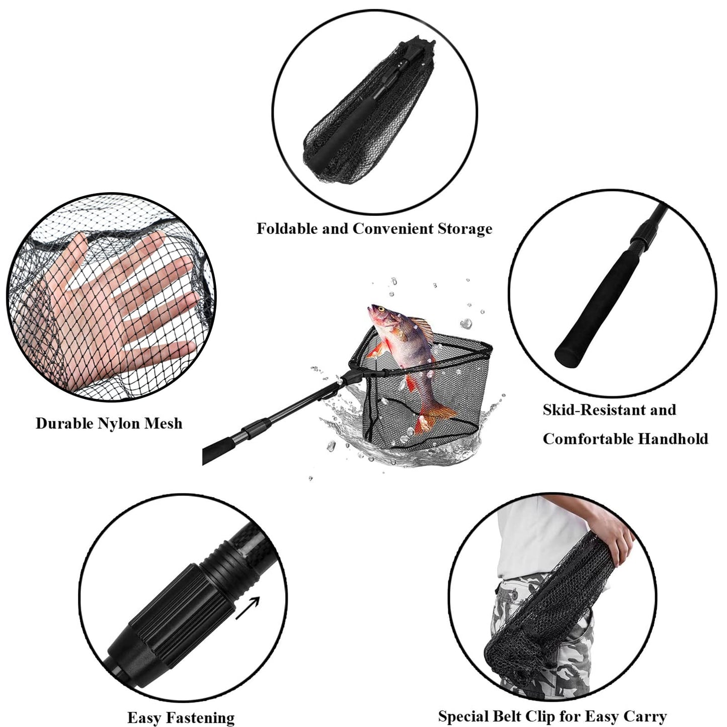 PLUSINNO Fishing Net Fish Landing Net, Foldable Collapsible Telescopic Pole Handle, Durable Nylon Material Mesh, Safe Fish Catching or Releasing