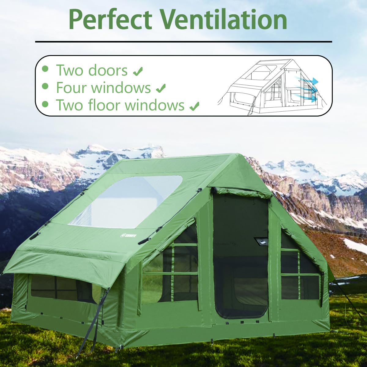 Inflatable Tent for Camping with Hand Pump Blow Up Tent Glamping 4 Season Air, Easy Setup Waterproof Outdoor Oxford Army Green 4-6 Person House Breathable Large Luxury