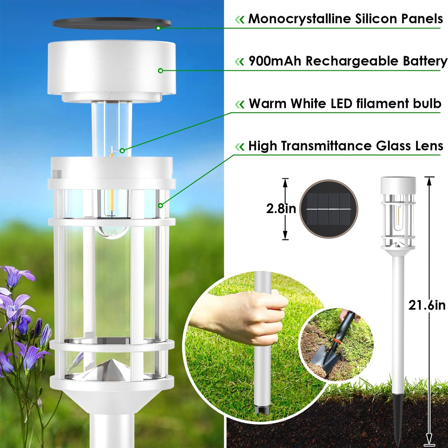 Solar Pathway Lights, 8 Pack LED Solar Lights Outdoor Waterproof, Glass Metal Garden Lighting for Yard Path Landscape Lawn Walkway Driveway, 3000K