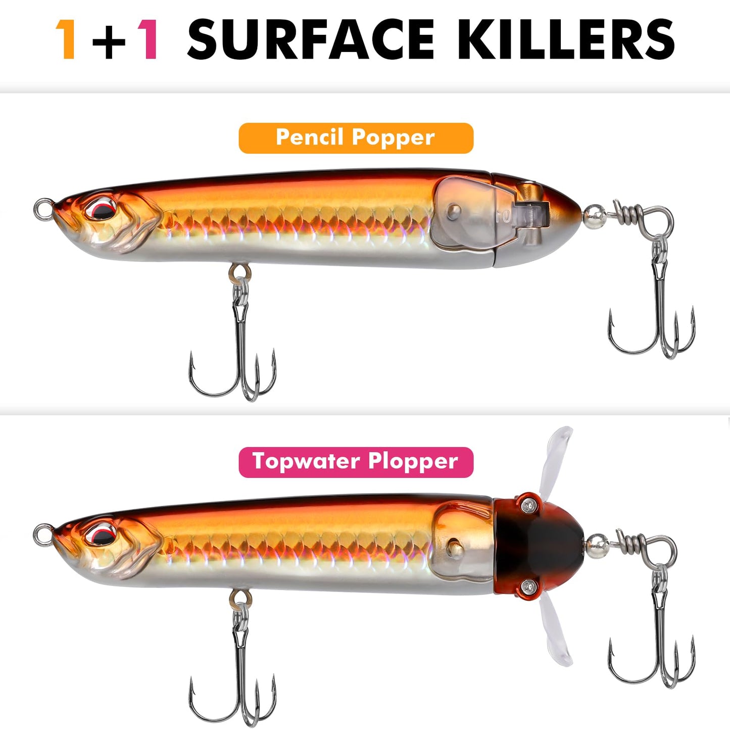 TRUSCEND PoPobait Plopper with BKK Hooks, Top Water Fishing Lures for Bass Walleye Pike Catfish Musky Perch, Floating Lure for Freshwater or Saltwater, Amazing Teasers Fishing Gifts for Family Fishing