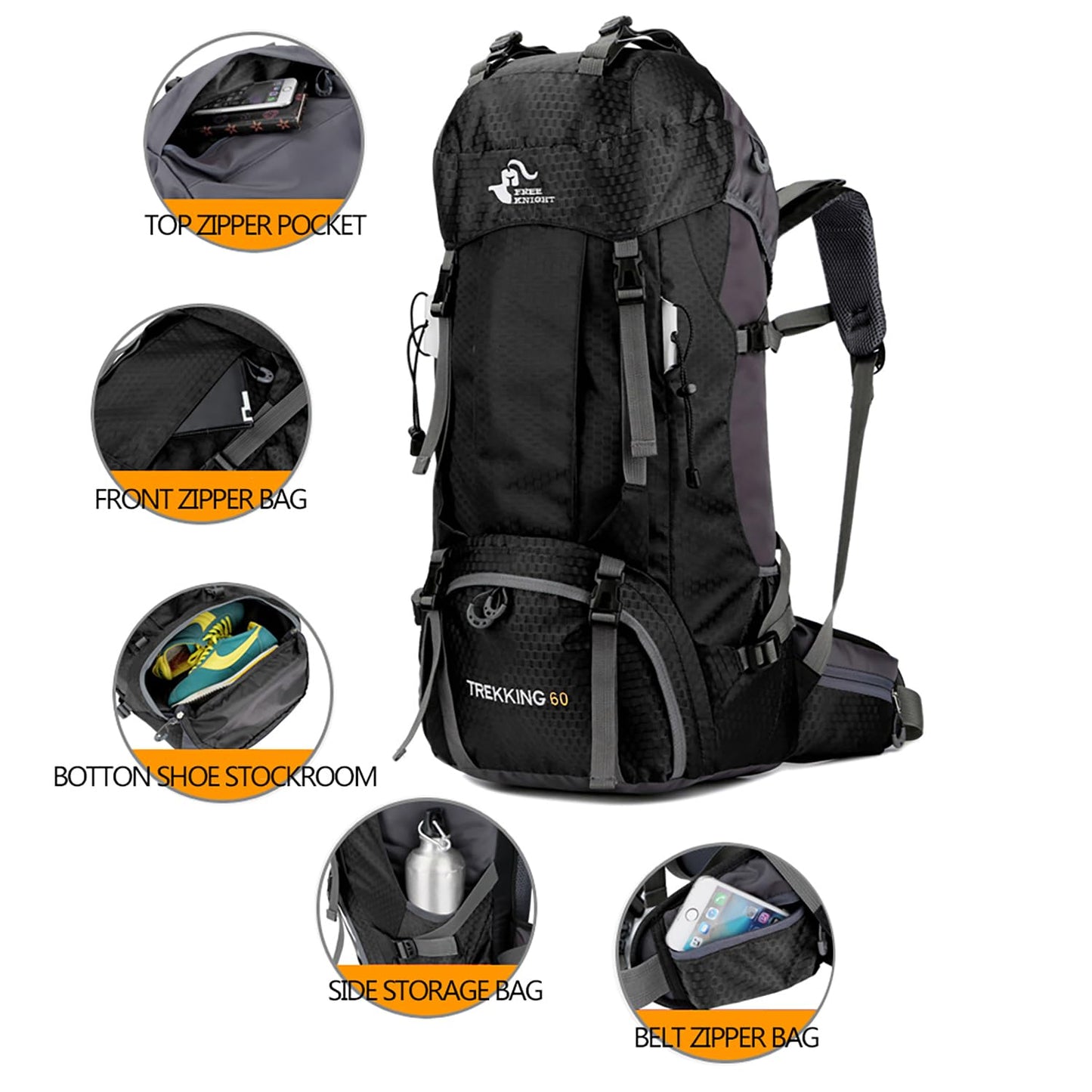 Bseash 60L Waterproof Hiking Camping Backpack with Rain Cover, Large Outdoor Sport Travel Daypack Rucksack for Climbing