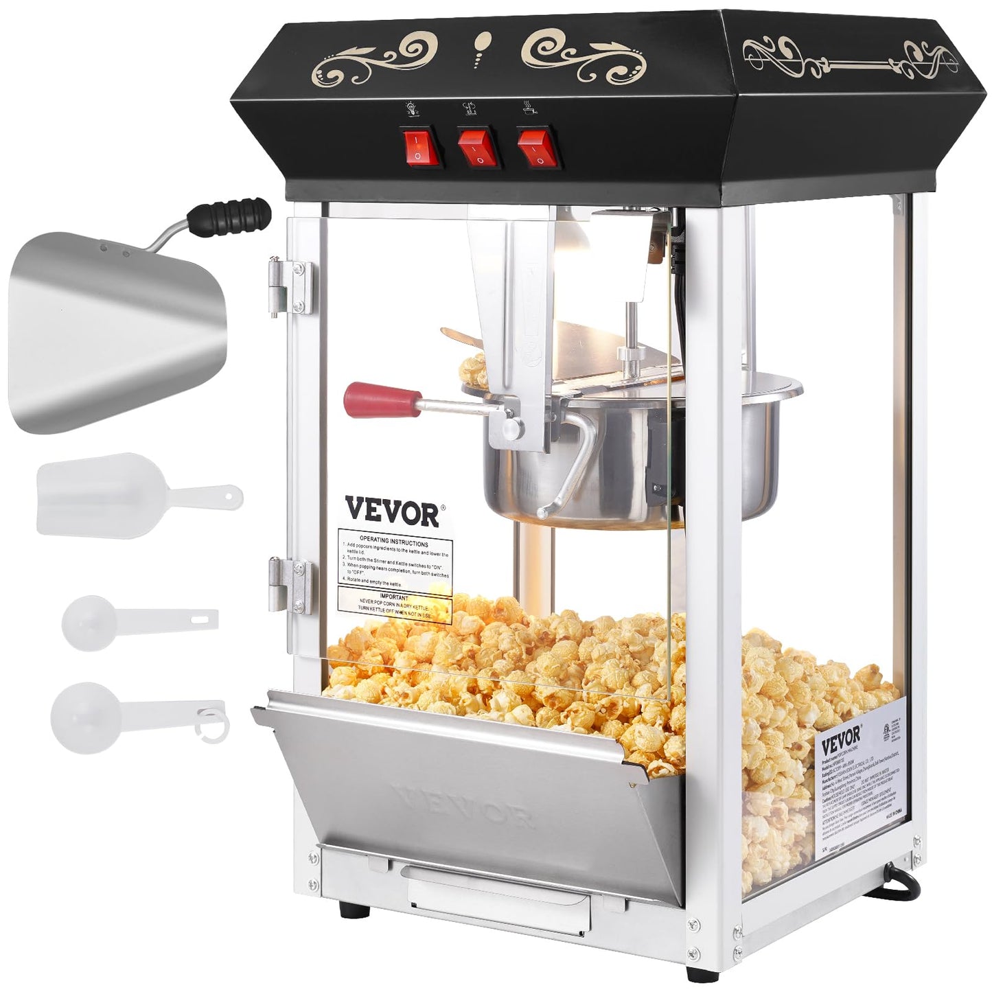 VEVOR Commercial Popcorn Machine, 8 Oz Kettle, 850 W Countertop Popcorn Maker for 48 Cups per Batch, Theater Style Popper with 3-Switch Control Steel Frame Tempered Glass Doors 2 Scoops 2 Spoons, Red