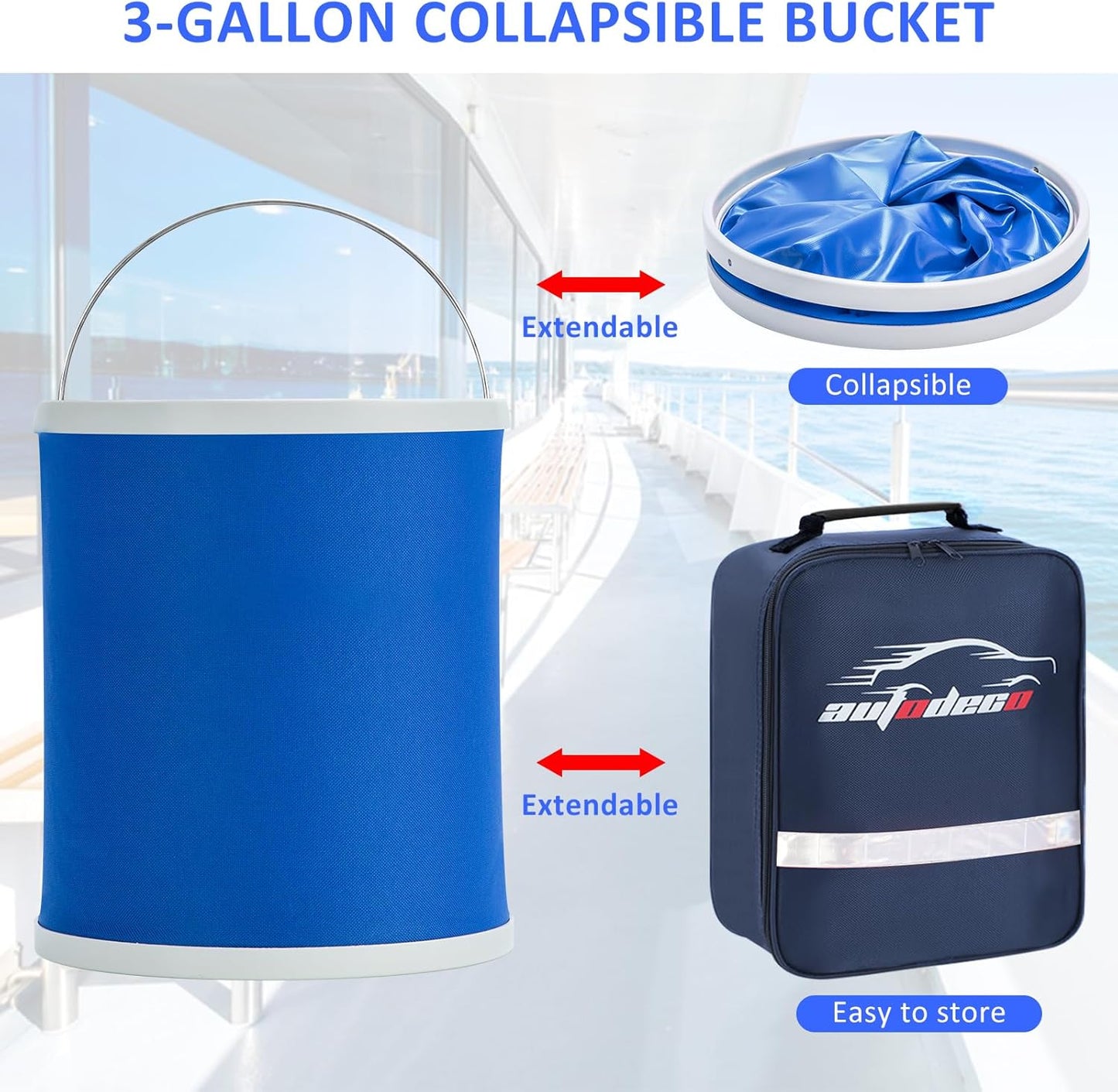 AUTODECO 12Pcs Boat Wash Cleaning Kit with Collapsible Bucket Wash Sponge Mitt Microfiber Towel Squeegee Scrub Pads Brushes Complete Interior Exterior Cleaning Set for Boat