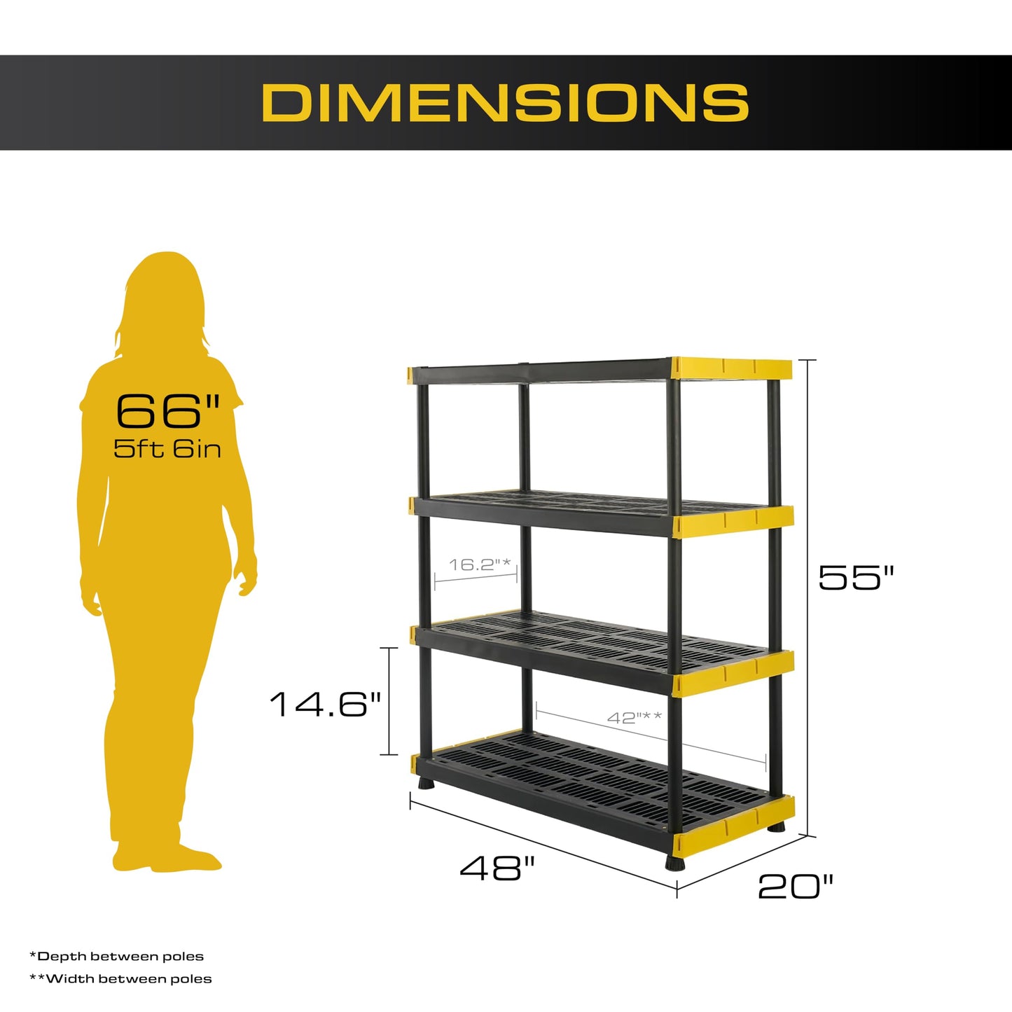 BLACK & YELLOW, 4-Tier Heavy Duty Plastic Storage Shelving Unit, 200lbs/shelf (55"H x 48"W x 20"D), for Indoor/Outdoor Organization, Modular Rack