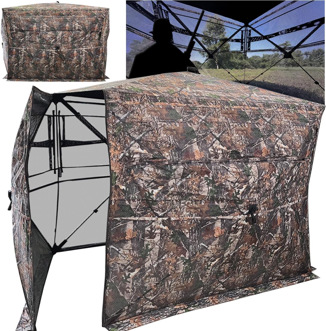 pop up hunting tent One-Way See-Through Hunting Blind 360 Degree Ground Blind 2-3 Person Camouflage Turkey Hunting Tent with Full-Open Door, Carrying Bag