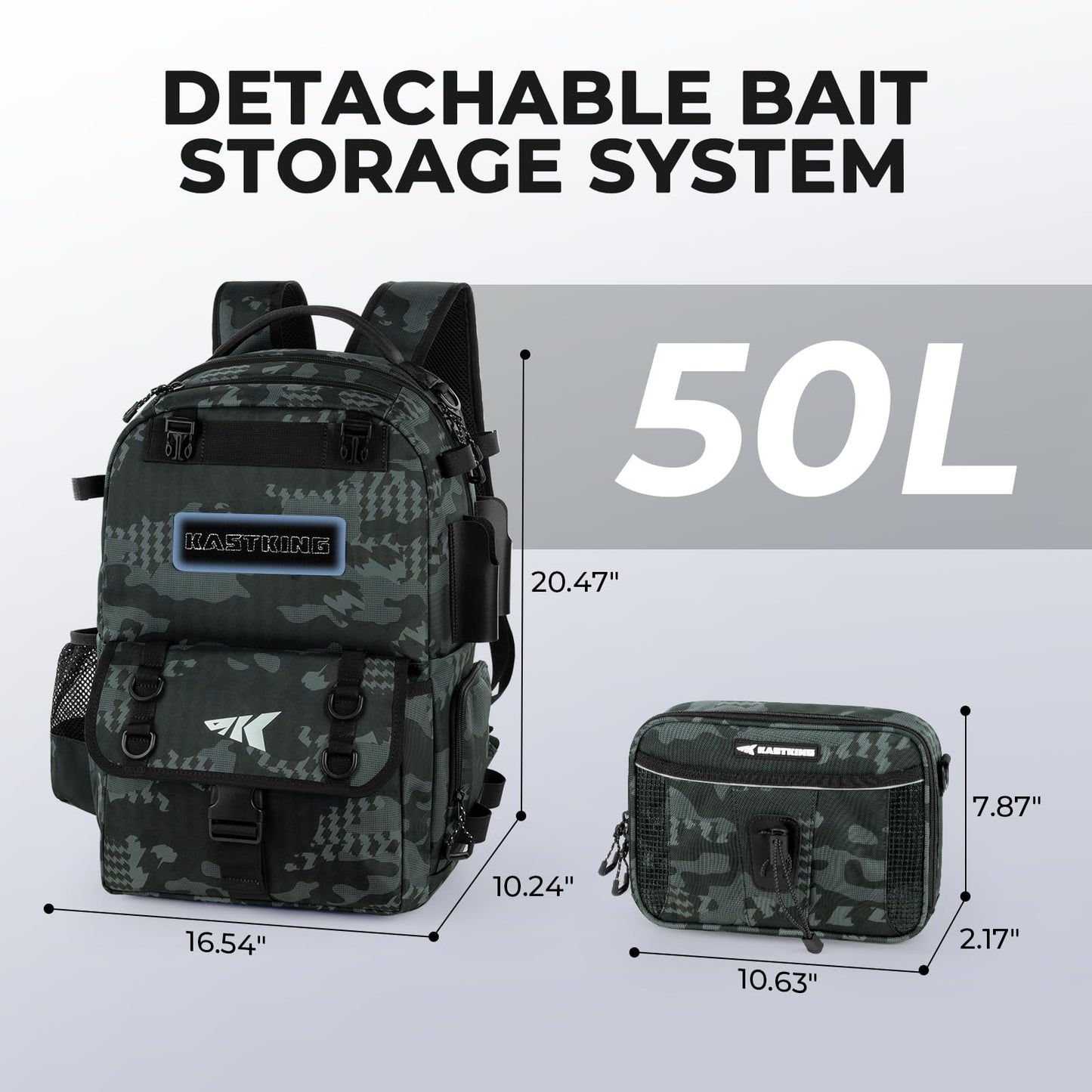 KastKing BaitSpace 50L Fishing Tackle Backpack with Removable Bait Binder & 4 Tackle Boxes, Rod Holders Storage Fishing Gear