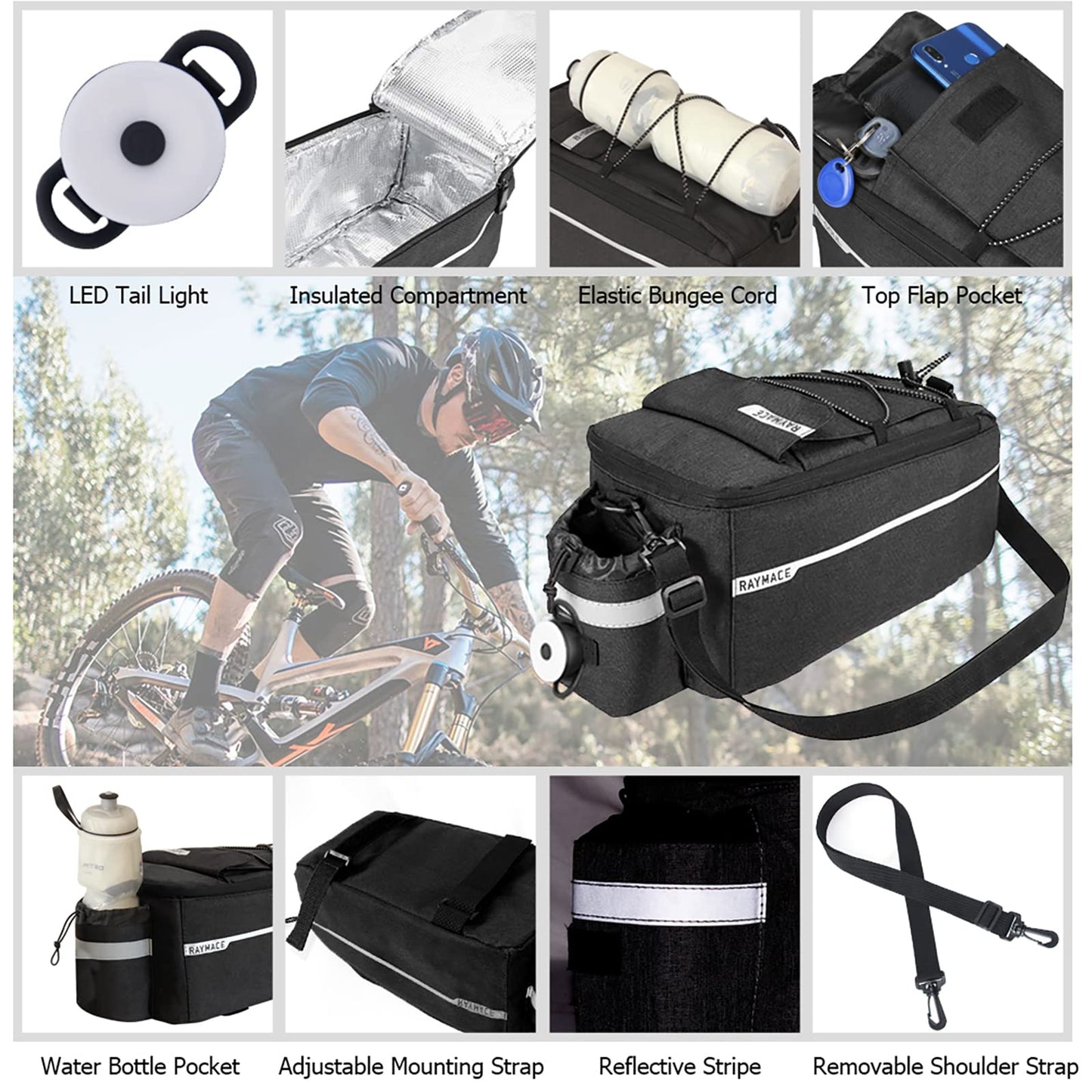 RAYMACE Bike Rear Rack Bag with Tail Light, Bike Truck Cooler Bag for Warm or Cold Items