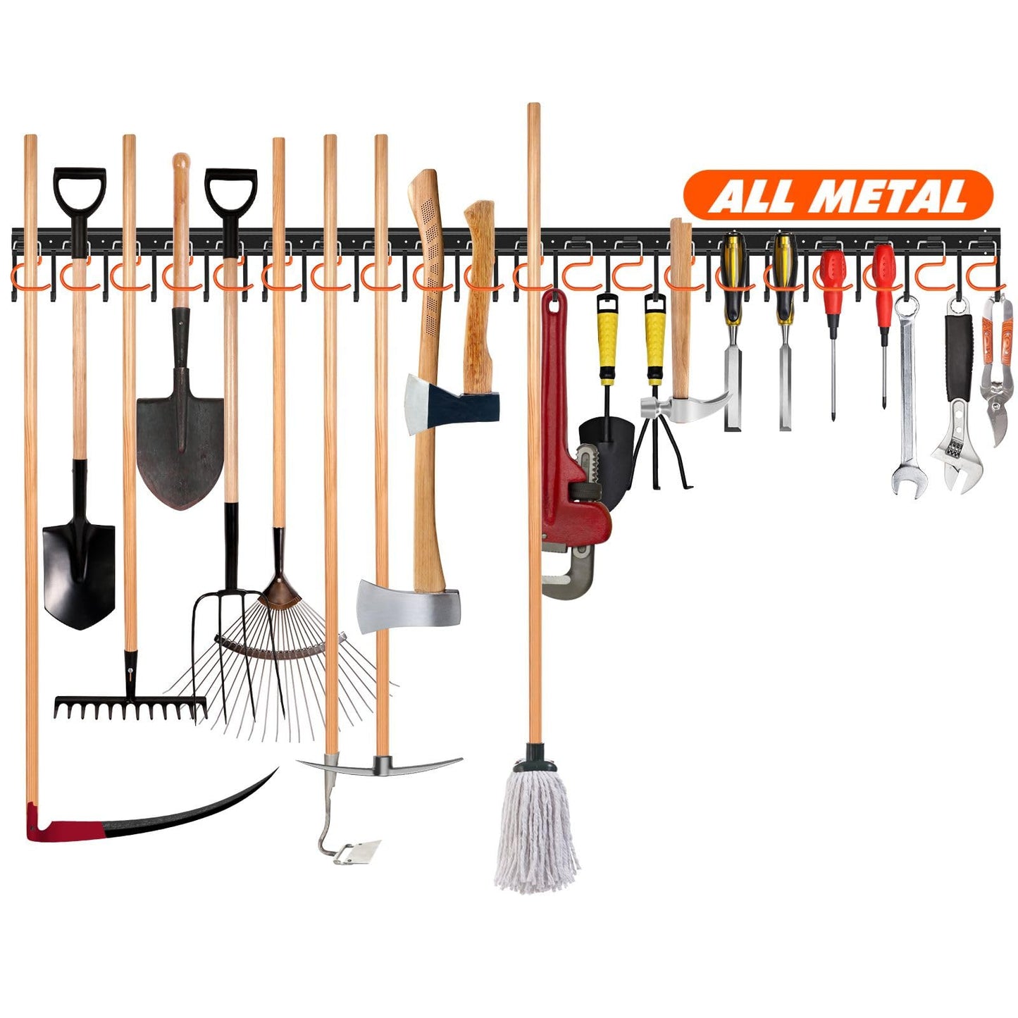 68'' All Metal Garden Tool Organizer Wall Mount Garage Organizers and Storage with Hooks Tool Hangers for Shed