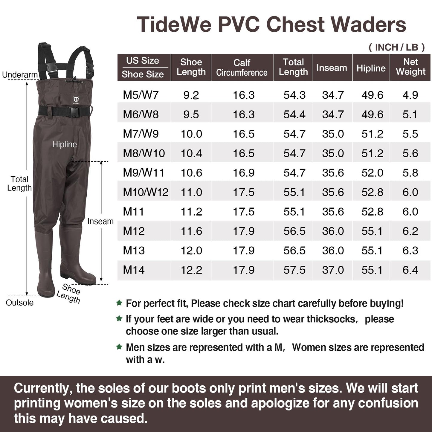 TIDEWE Bootfoot Chest Wader, 2-Ply Nylon/PVC Waterproof Fishing Hunting Waders with Boot Hanger for Men Women Green Brown