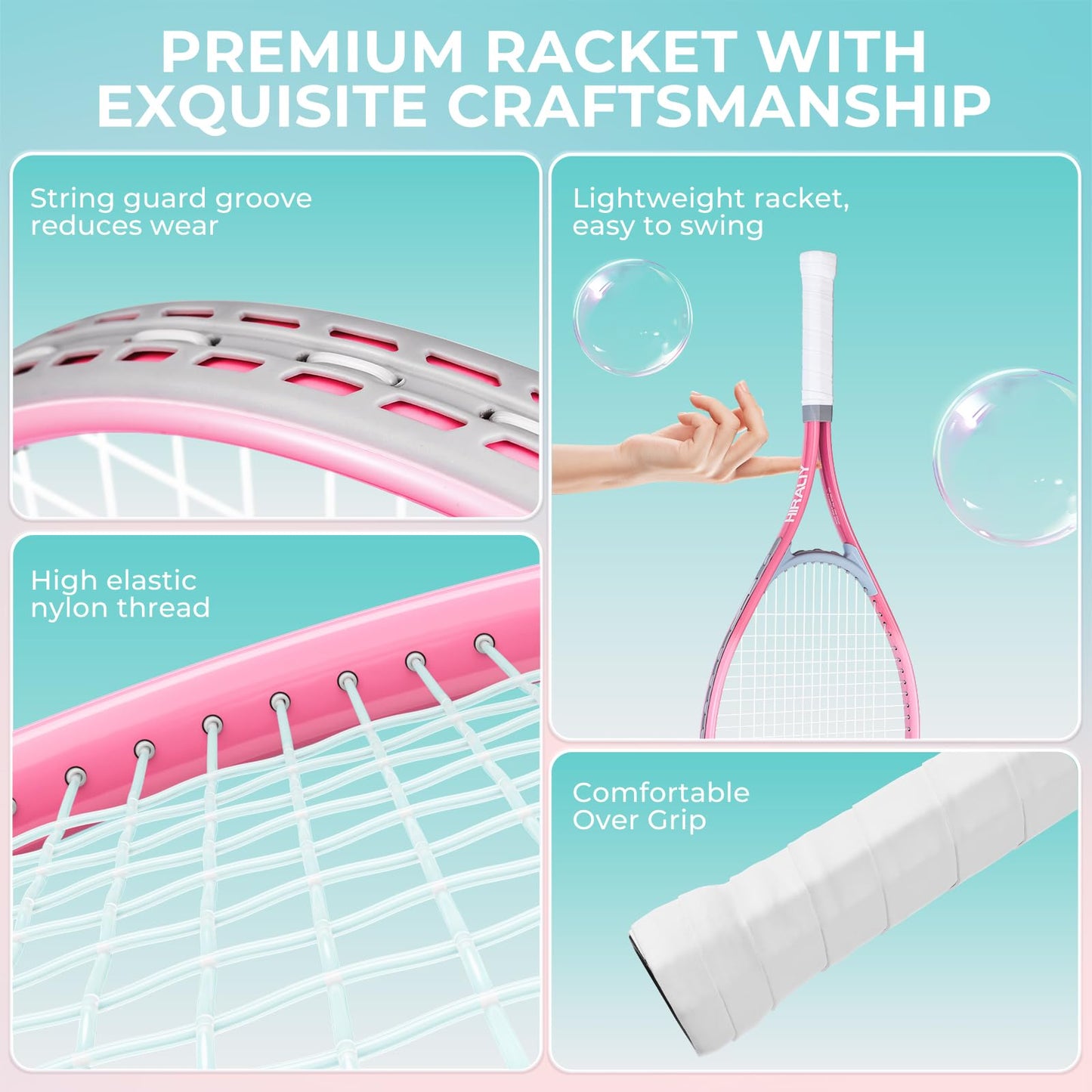 HIRALIY 27" Tennis Rackets Set for Adults, 2 Player Pre-Strung Tennis Racquets, 2 Overgrip Tapes,3 Balls, and 1 Carrying Bag, Outdoor Recreational Sport for Beginner (Pink/Green)