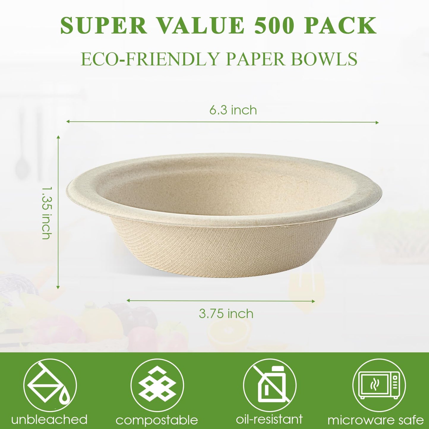 Vplus 500 Pack 12 OZ Paper Bowls Bulk, Disposable Compostable, Eco-friendly Bagasse, Heavy-duty Bowls Perfect for Milk Cereals, Snacks, Salads