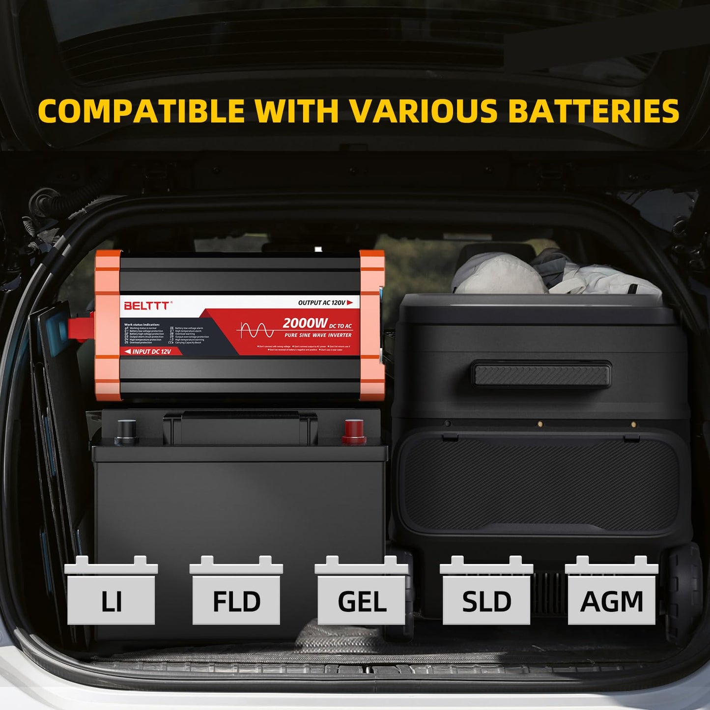 BELTTT 1000Watt Pure Sine Wave Inverter 12V DC to 120V AC for RV, Truck, Off-Grid Solar Car Power Inverter 12V to 110V Converter with Dual AC Socket and 5V 2.1A USB, Intelligent LCD, 2000W Peak
