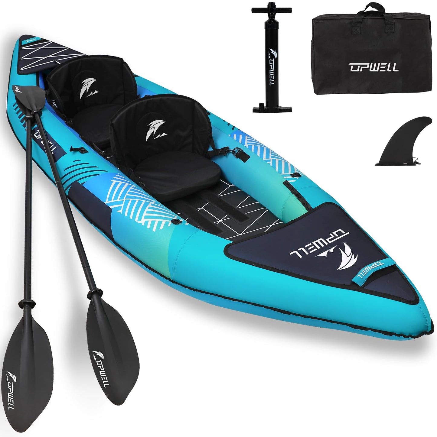 UPWELL 13'6”/11' Inflatable Recreational Kayak - 2 Person with Drop Stitch Floor and Accessories Including Kayak Seats with High Back Support, Paddle, Fin, Repair Kits, Carry Bag and Hand Pump