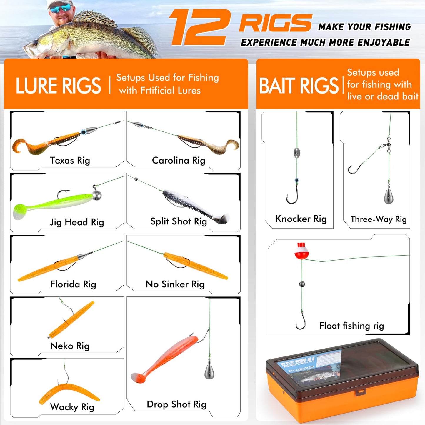PLUSINNO 353/404 PCS Fishing Lures, Upgrade Fishing Tackle Box with Tackle Included, Crankbaits, Hooks, Weights, Other Accessories, Fishing Lure Bait Gear Equipment Kit Gift for Men Freshwater Bass