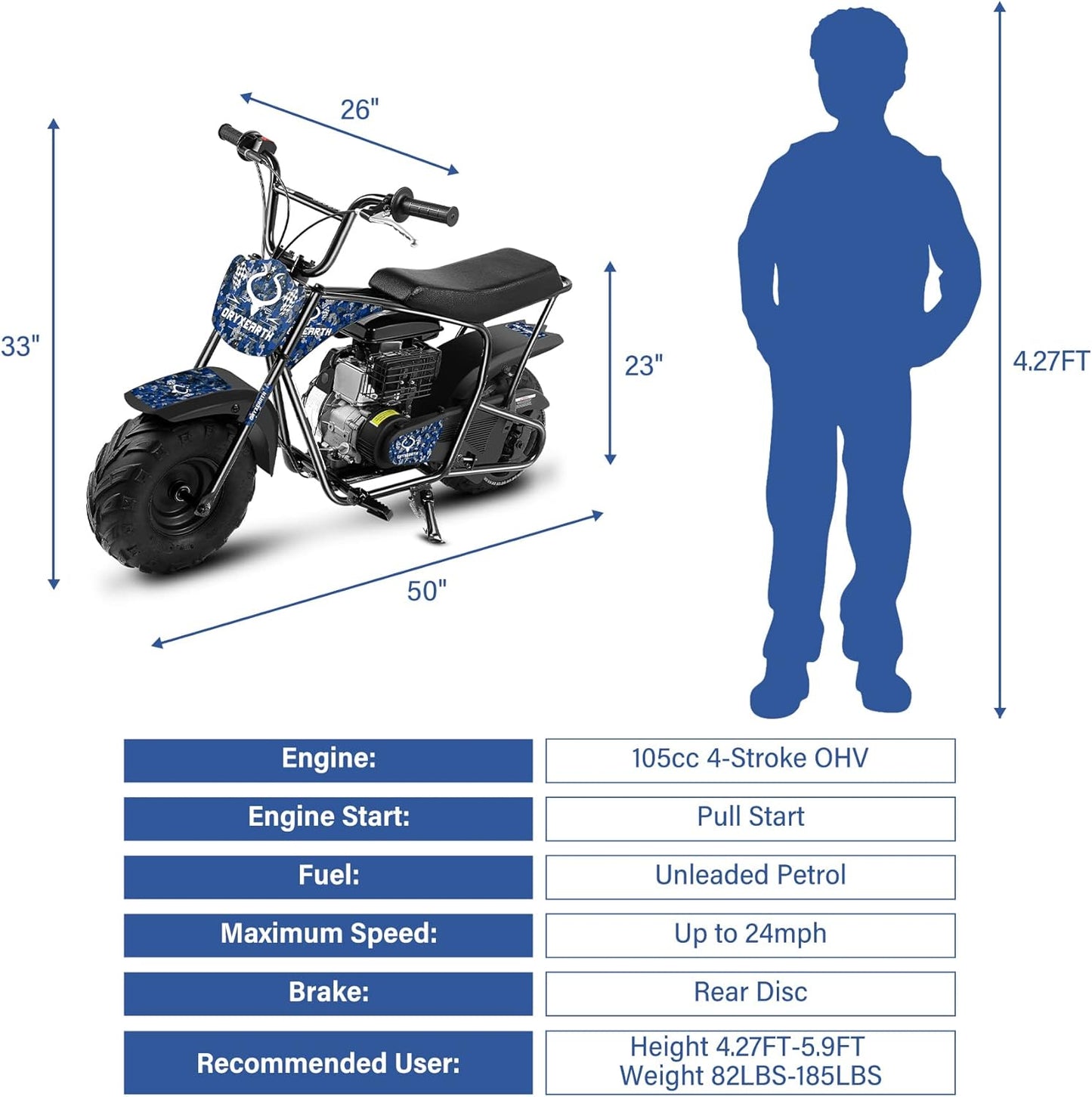 Oryxearth Mini Dirt Bike for Kids, 105CC 4-Stroke Kid Gas Powered Off-Road Pocket Pit Trail Motorcycle W/EPA Approved, Up to 24 Mph Weight Support 185 LBS