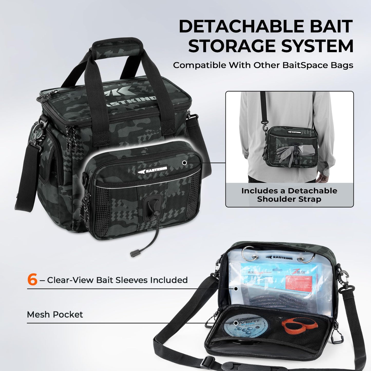 KastKing BaitSpace Fishing Tackle Bag With 4 Tackle Boxes & Removable Bait Binder, Water-Resistant Tackle Storage, Durable Fishing Gear, Adjustable Shoulder Strap