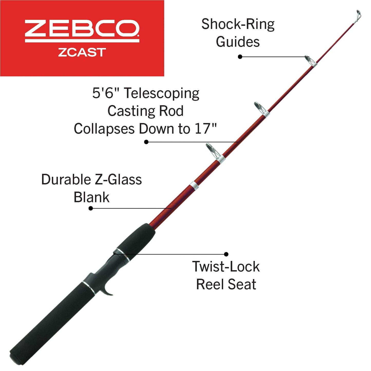 Zebco Z-Cast Casting Fishing Rod, Extendable 17-Inches to 5-Foot 6-Inch Telescopic Durable Z-Glass Fishing Pole, Comfortable EVA Rod Handle, Shock-Ring Guides, Medium Power, Red