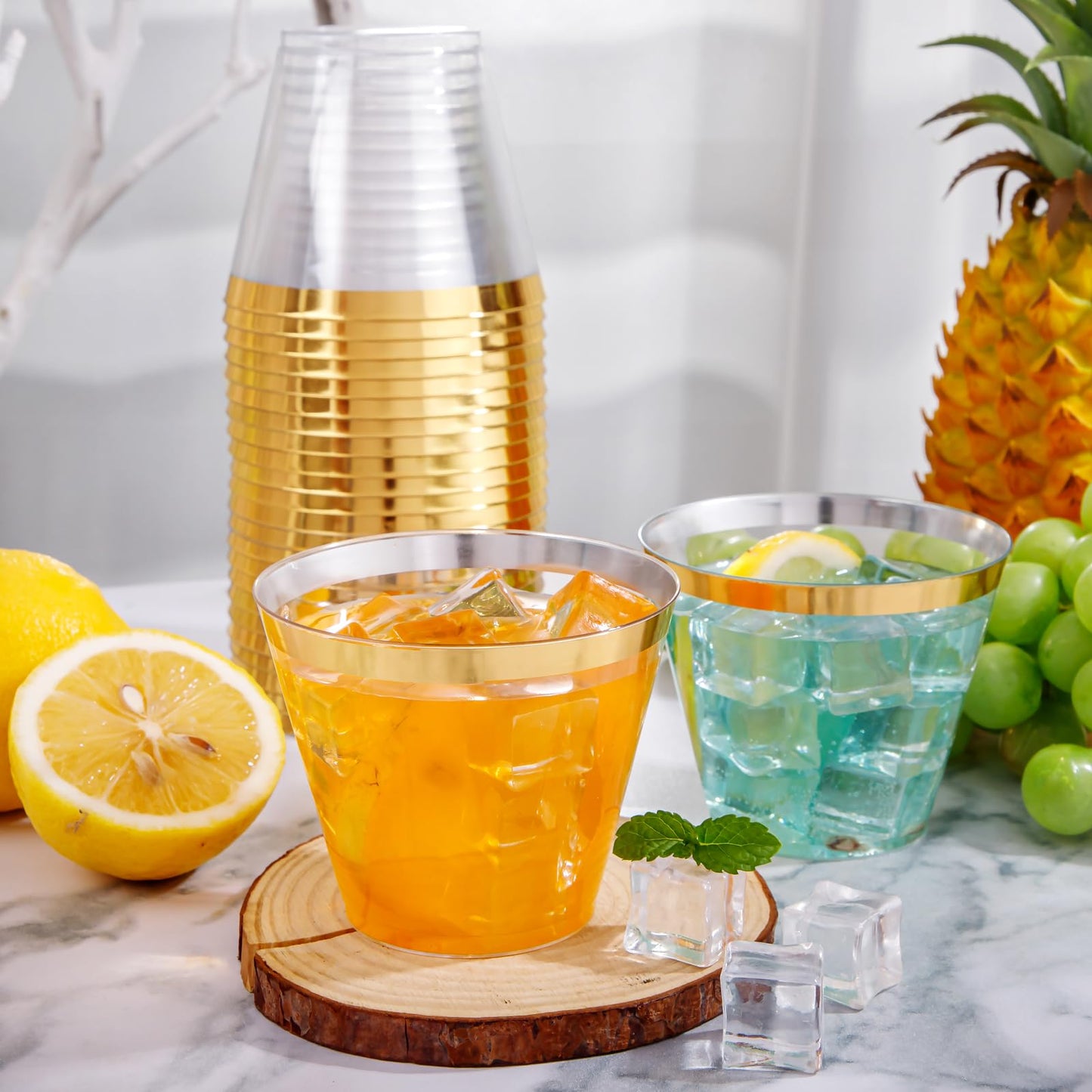 I00000 200 Pack Gold Plastic Cups, 9 Oz Elegant Clear Plastic Cups Gold Rimmed Disposable Wine Glasses Fancy Disposable Party Cups Wedding Cups Drinking Tumblers Plastic Cocktail Glasses with Gold Rim
