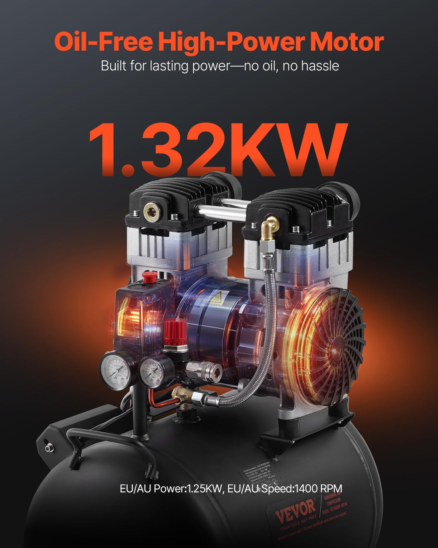VEVOR 6.3 Gallon Air Compressor, 2 HP 3.35 CFM@90PSI Air Compressors with Max. 116PSI Pressure, Oil Free Compressor Tank for Auto Repair, Tire Inflation, Spray Painting, Woodwork Nailing
