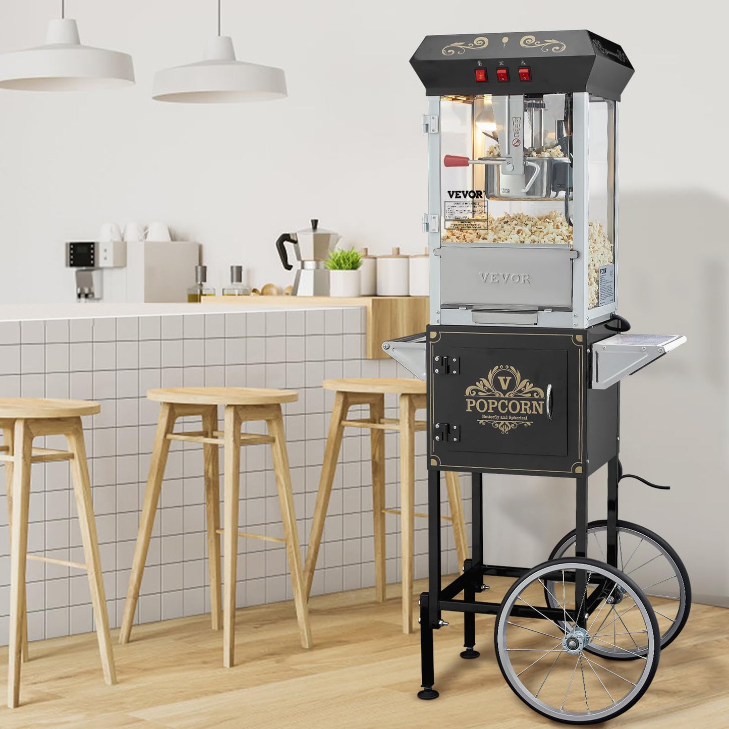 VEVOR Commercial Popcorn Machine, 8 Oz Kettle, 850 W Countertop Popcorn Maker for 48 Cups per Batch, Theater Style Popper with 3-Switch Control Steel Frame Tempered Glass Doors 2 Scoops 2 Spoons, Red