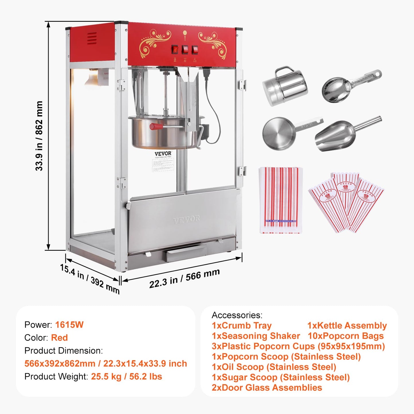 VEVOR Commercial Popcorn Machine, 8 Oz Kettle, 850 W Countertop Popcorn Maker for 48 Cups per Batch, Theater Style Popper with 3-Switch Control Steel Frame Tempered Glass Doors 2 Scoops 2 Spoons, Red