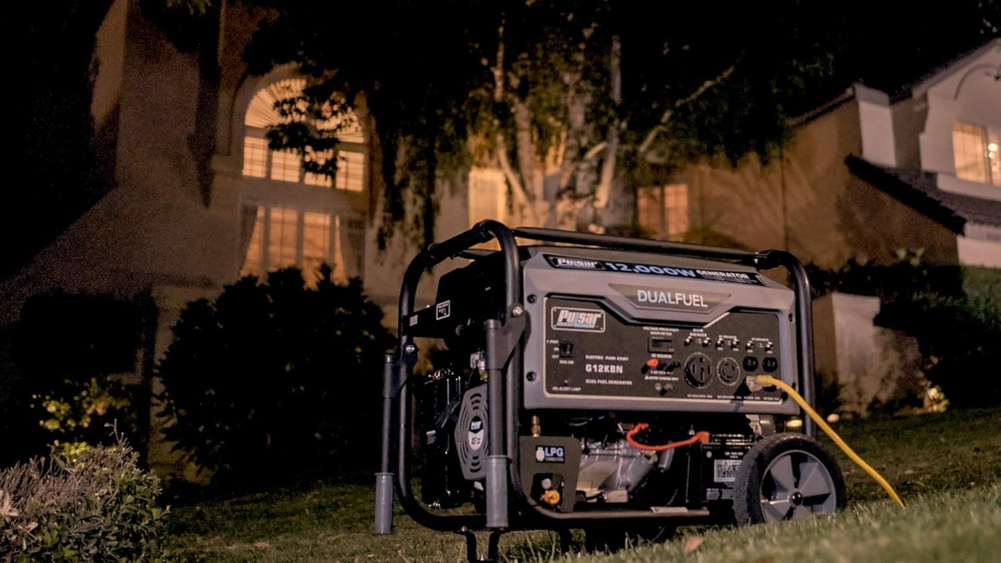 Pulsar G12KBN Heavy Duty Portable Dual Fuel Generator - 9500 Rated Watts & 12000 Peak Watts - Gas & LPG - Electric Start - Transfer Switch & RV Ready - CARB Compliant