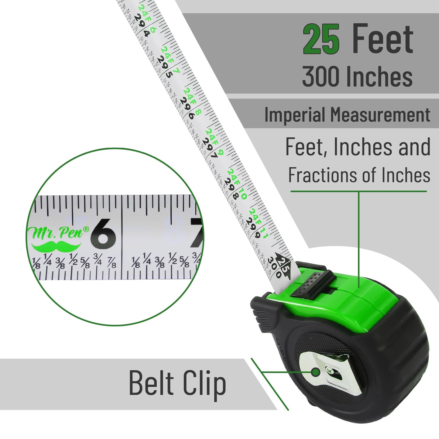 Mr. Pen 25-Foot Steel Retractable Tape Measure with Easy Read Fractions