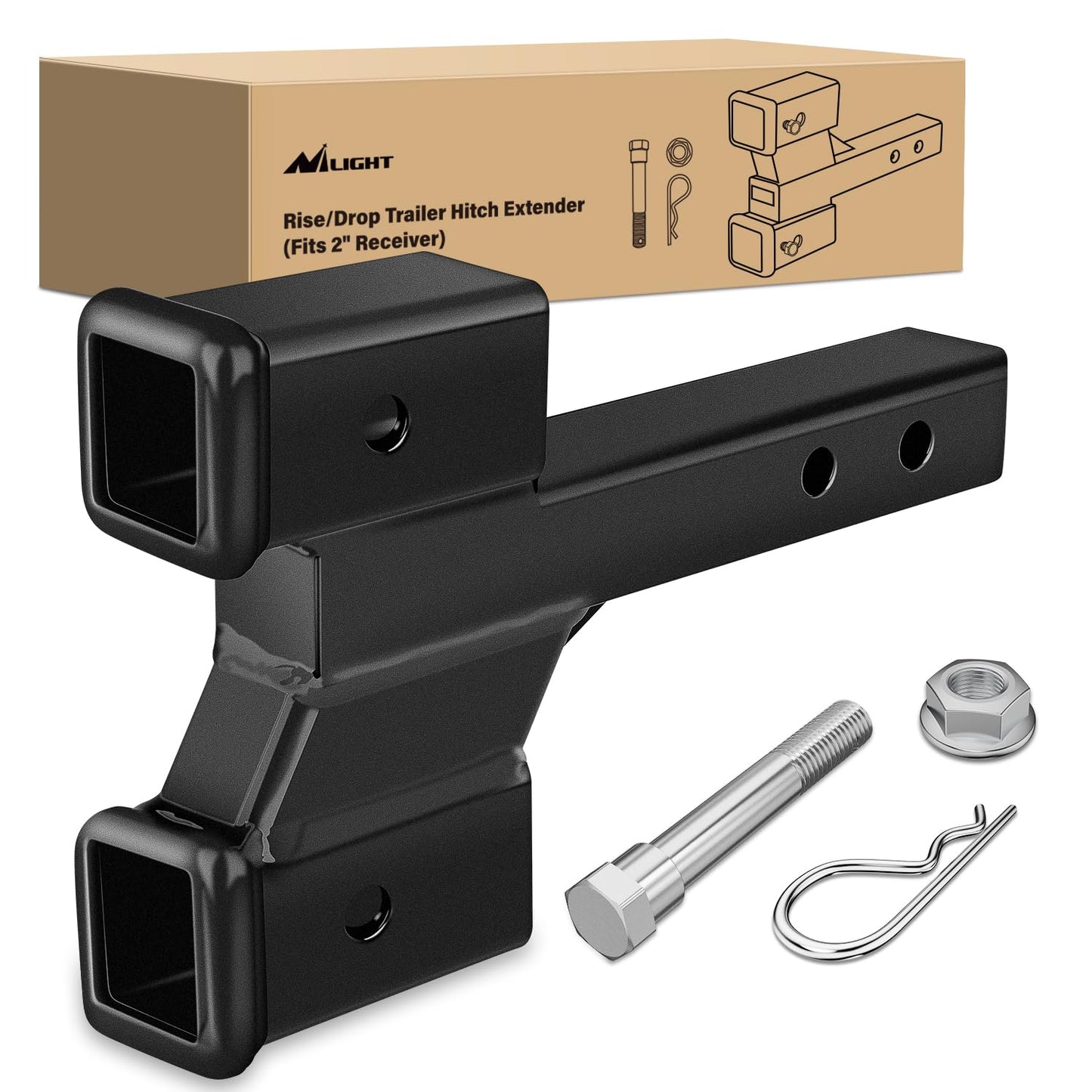 Nilight Trailer Hitch Receiver Extender Adapter Reducer 1-1/4 to 2Inch Hitch Adapter 6-1/2 inch Extension Sleeve Convertor 350Lbs with 1/2-Inch Diameter Pin and Clip with 5/8-Inch Adapter