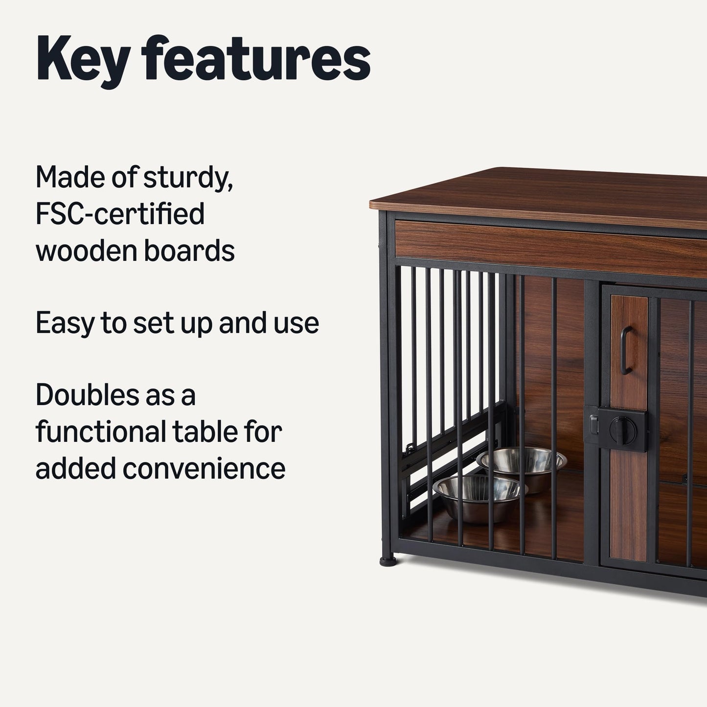 Amazon Basics Furniture Style Dog Crate, Two Bowls Included, 30" x 20.4" x 23.6", Walnut