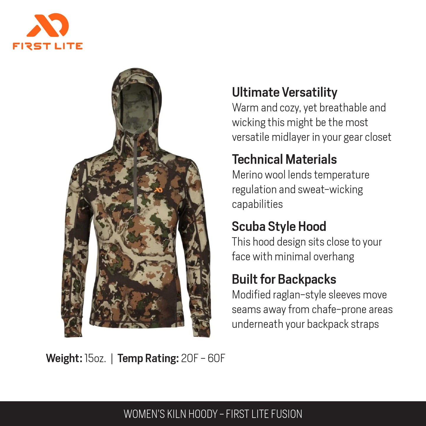 First Lite Women's Kiln Hoody - Merino Wool Midweight Camo Hunting Base Layer
