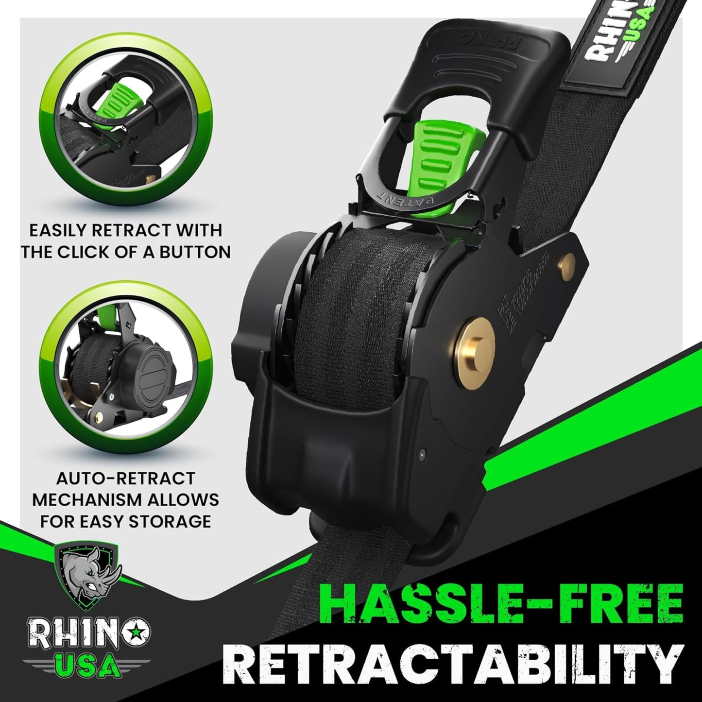 Rhino USA Retractable Ratchet Straps (4-Pack) - 1 Inch x 10 Feet (1,209lb Break Strength) - Heavy Duty Auto Self Retracting Tie Down Straps for Truck, Cargo Trailer, Motorcycle, Rad & More - Black