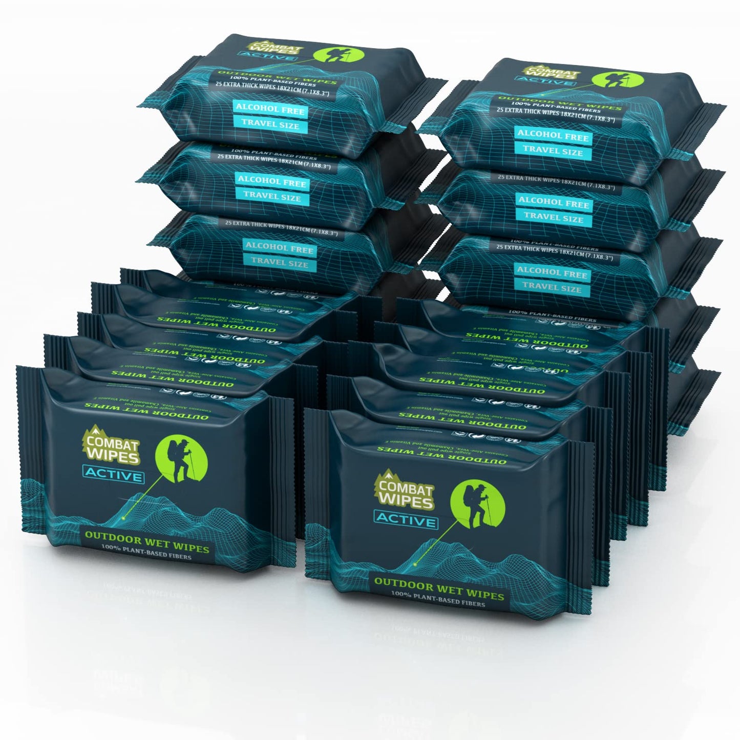 Combat Wipes ACTIVE Outdoor Wet Wipes - Extra Thick Camping Gear, Biodegradable, Body & Hand Cleansing/Refreshing Cloths for Backpacking & Gym w/Natural Aloe & Vitamin E (25 Wipes)