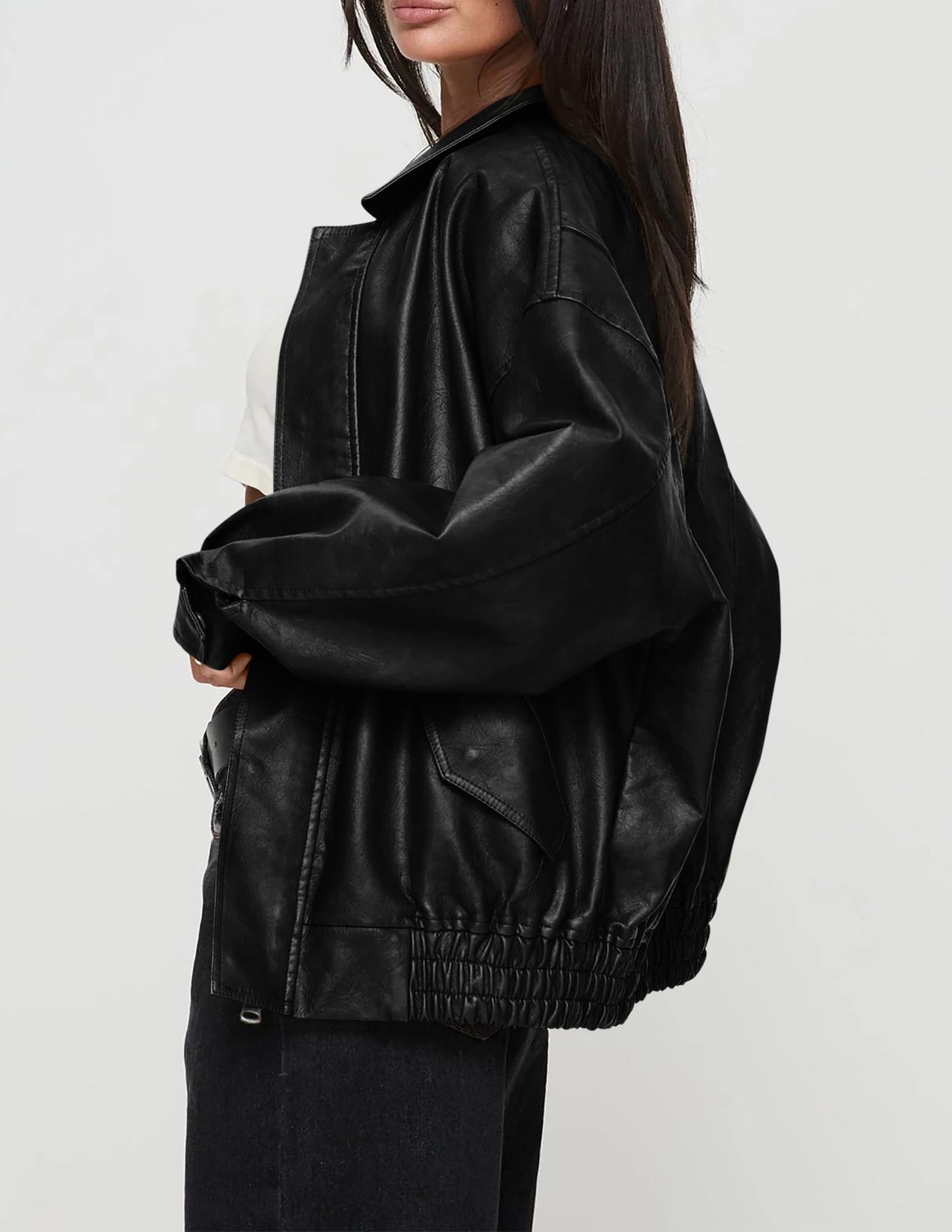 PRETTYGARDEN Women's Faux Leather Motorcycle Jacket Trendy Fall Spring Clothes Oversized Zip Up Winter Coat Outerwear