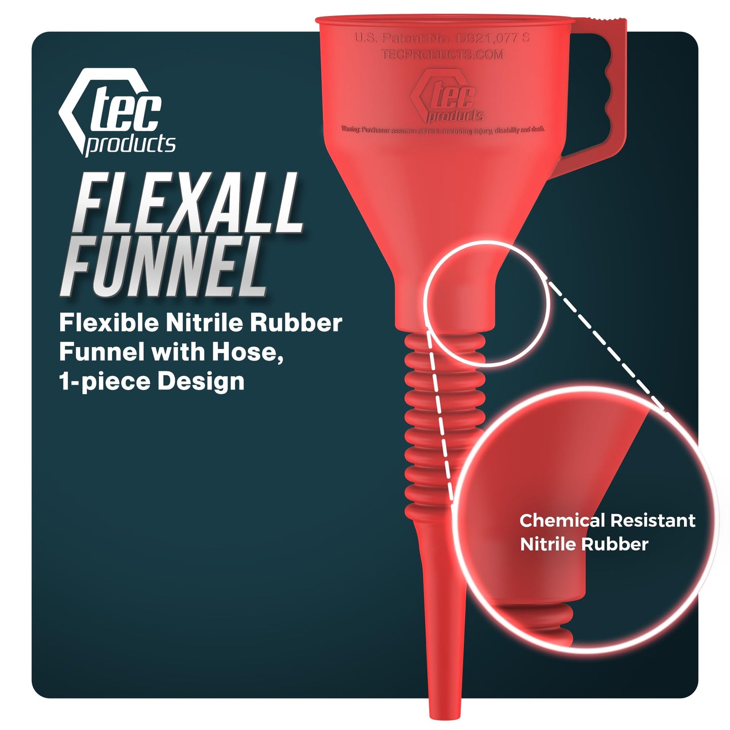 TEC Products FlexAll Funnel - Long Flexible Funnel for Automotive Use - Durable Nitrile Rubber - Ideal for Car Oil Change, Transmission Fluid, Diesel, Fuel, Gas - Made in USA - Red (16 x 5 Inches)
