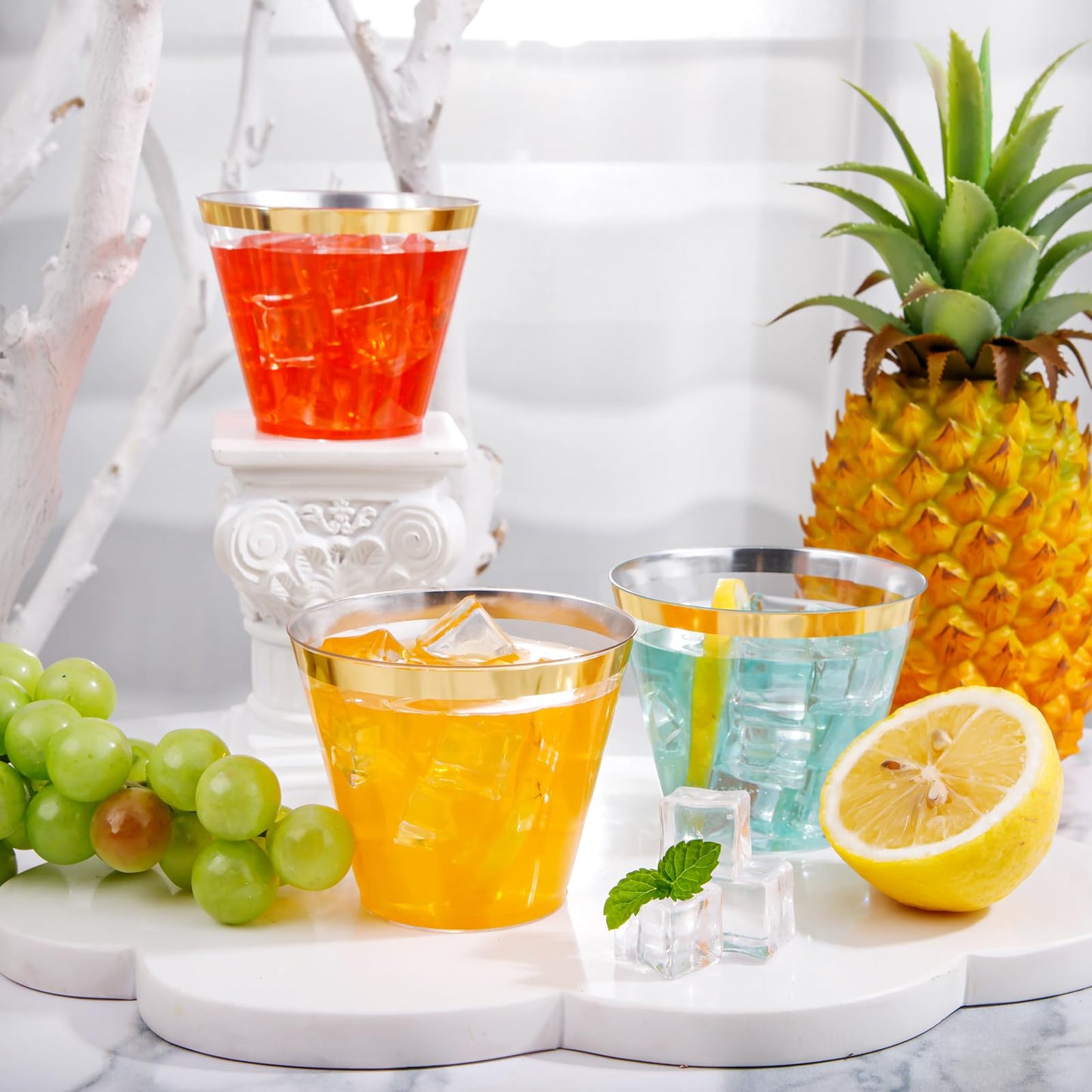I00000 200 Pack Gold Plastic Cups, 9 Oz Elegant Clear Plastic Cups Gold Rimmed Disposable Wine Glasses Fancy Disposable Party Cups Wedding Cups Drinking Tumblers Plastic Cocktail Glasses with Gold Rim