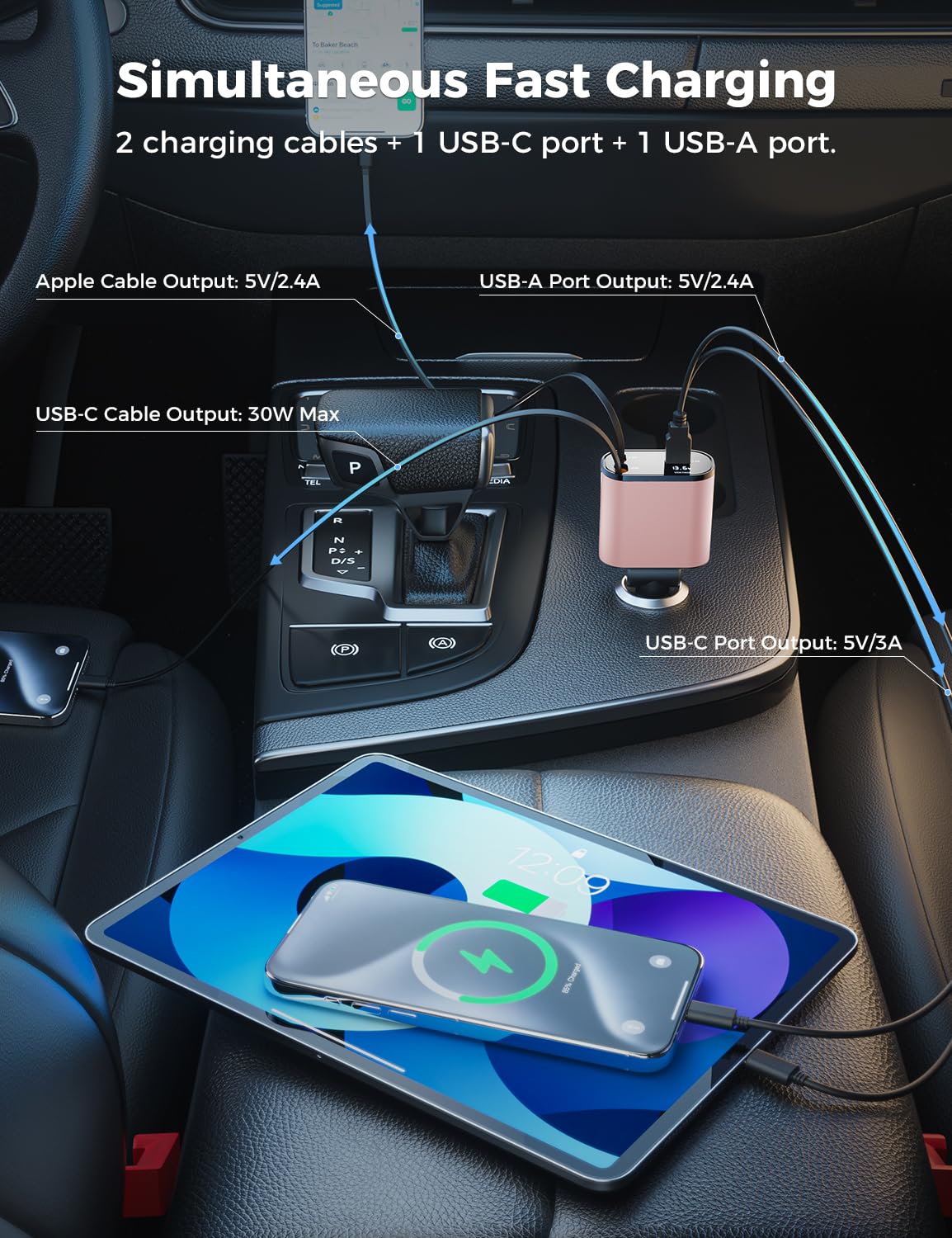 【Upgraded】 SUPERONE Retractable Car Charger 4 in 1, Fast Car Phone Charger with Cord 2.6ft, USB C and Apple Car Adapter, Compatible with iPhone 16 15/15 Pro Max/14/13/12/11, Galaxy, Pixel