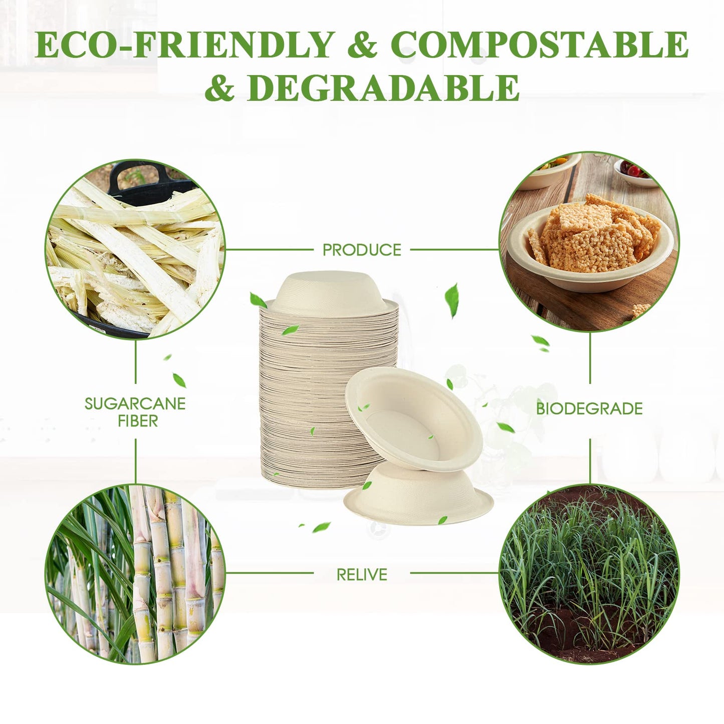 Vplus 500 Pack 12 OZ Paper Bowls Bulk, Disposable Compostable, Eco-friendly Bagasse, Heavy-duty Bowls Perfect for Milk Cereals, Snacks, Salads